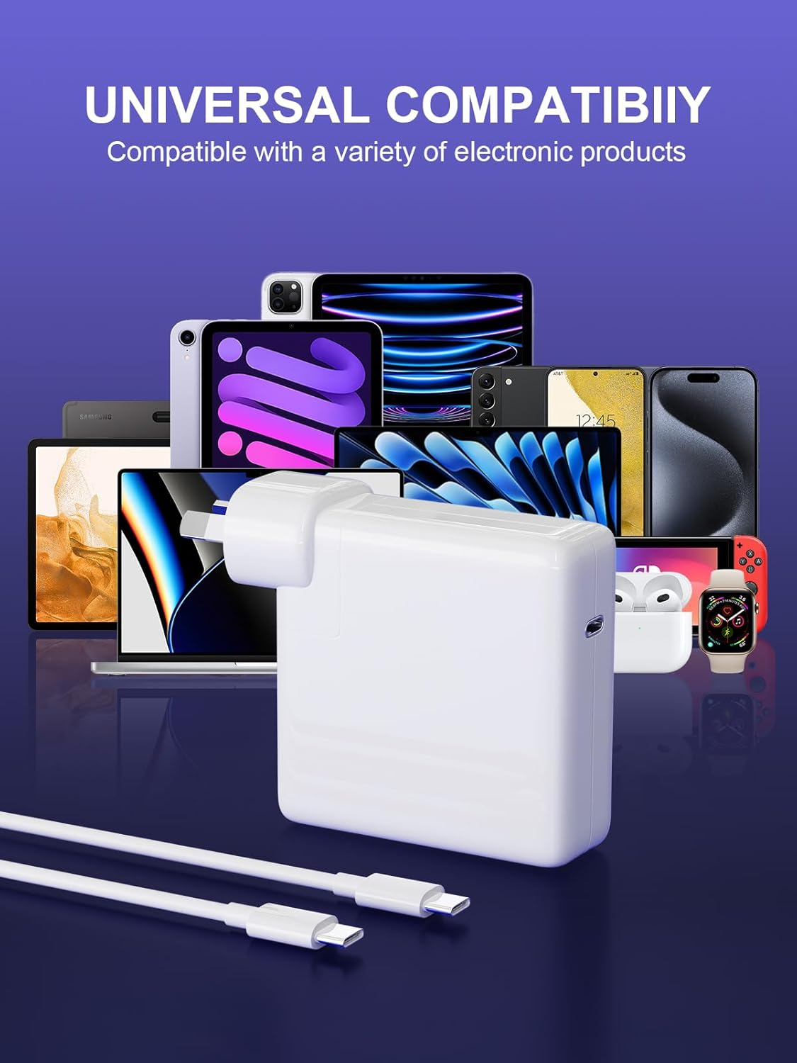 Macbook Charger, 96W USB C Charger for Macbook Pro Air 16, 15, 14, 13 Inch 2024, 2023, 2022, 2021, 2020, 2019, 2018, M1 M2 M3 Fast Charging Charger Fit Iphone, Ipad, USB C Laptop Power Adapter