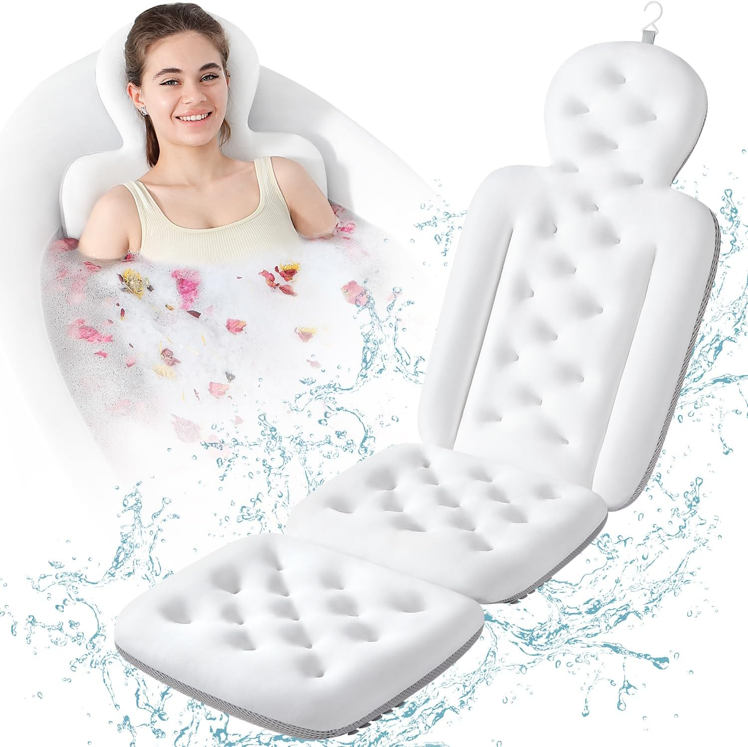 Bathtub Pillow Full Body, Luxury Bath Cushion for Tub with 160 Suction Cups, Bath Mat for Head and Neck Support with Laundry Bag White (51.2" X 16.2") image number 3