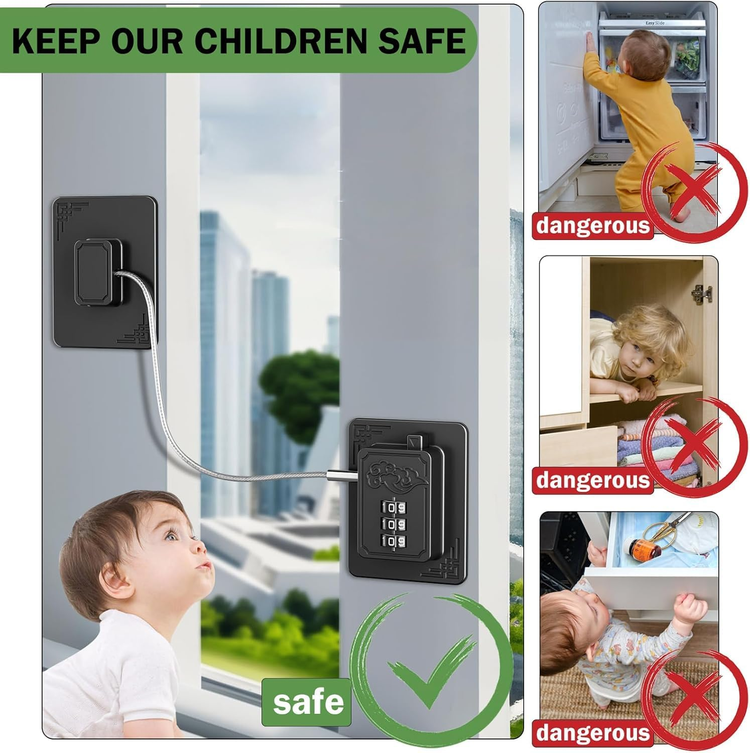 2 Pack Refrigerator Locks with 3-Digit Combination, Child Proof Cabinet Locks for Fridge, Freezer, Drawers, Closets & Windows, Easy Install Premium Safety Locks, Durable and Secure (Black) image number 1