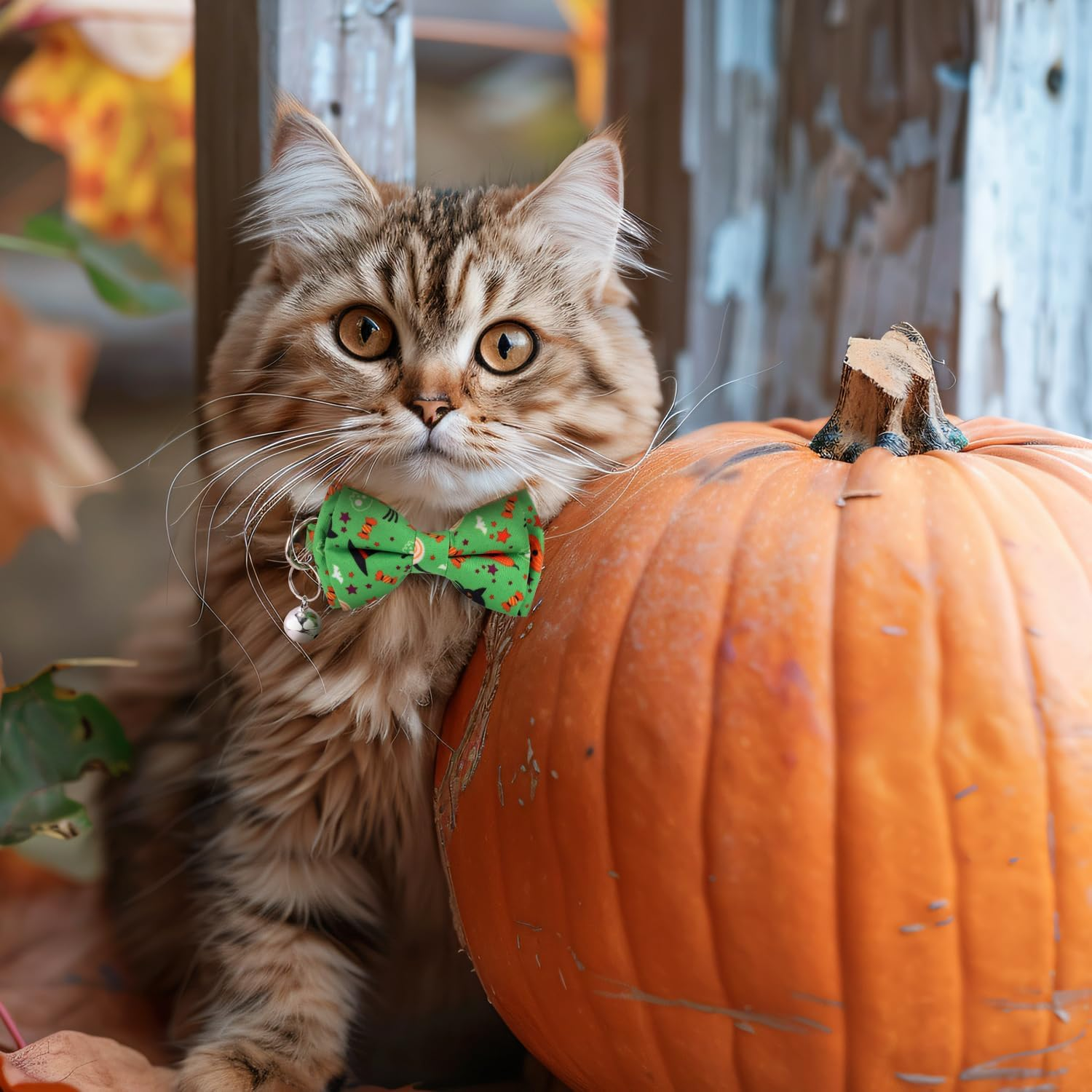 2Pcs Halloween Cat Collars, Adjustable Cotton Fabric Halloween Cat Collar with Bell Cute Soft Comfortable Kitten Collar with Bow (Green+Hat, Purple+Pumpkin) image number 3
