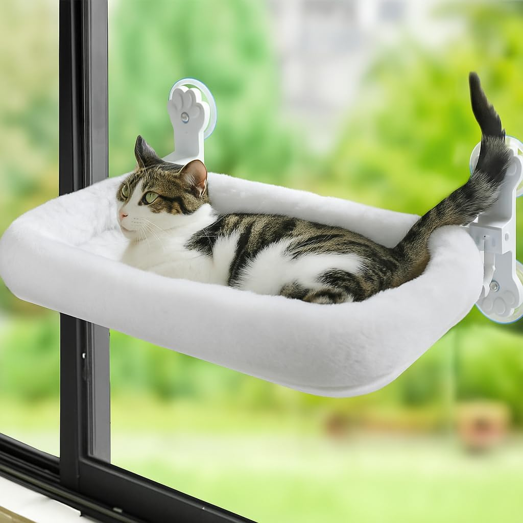 Foldable Cat Hammock for Window, Cat Window Perch with Removable Soft Cover, Cordless Cat Window Hammock for Large Cats, Machine Washable Cat Bed Cover and Solid Metal Frame(White Cushion Bed) image number 5
