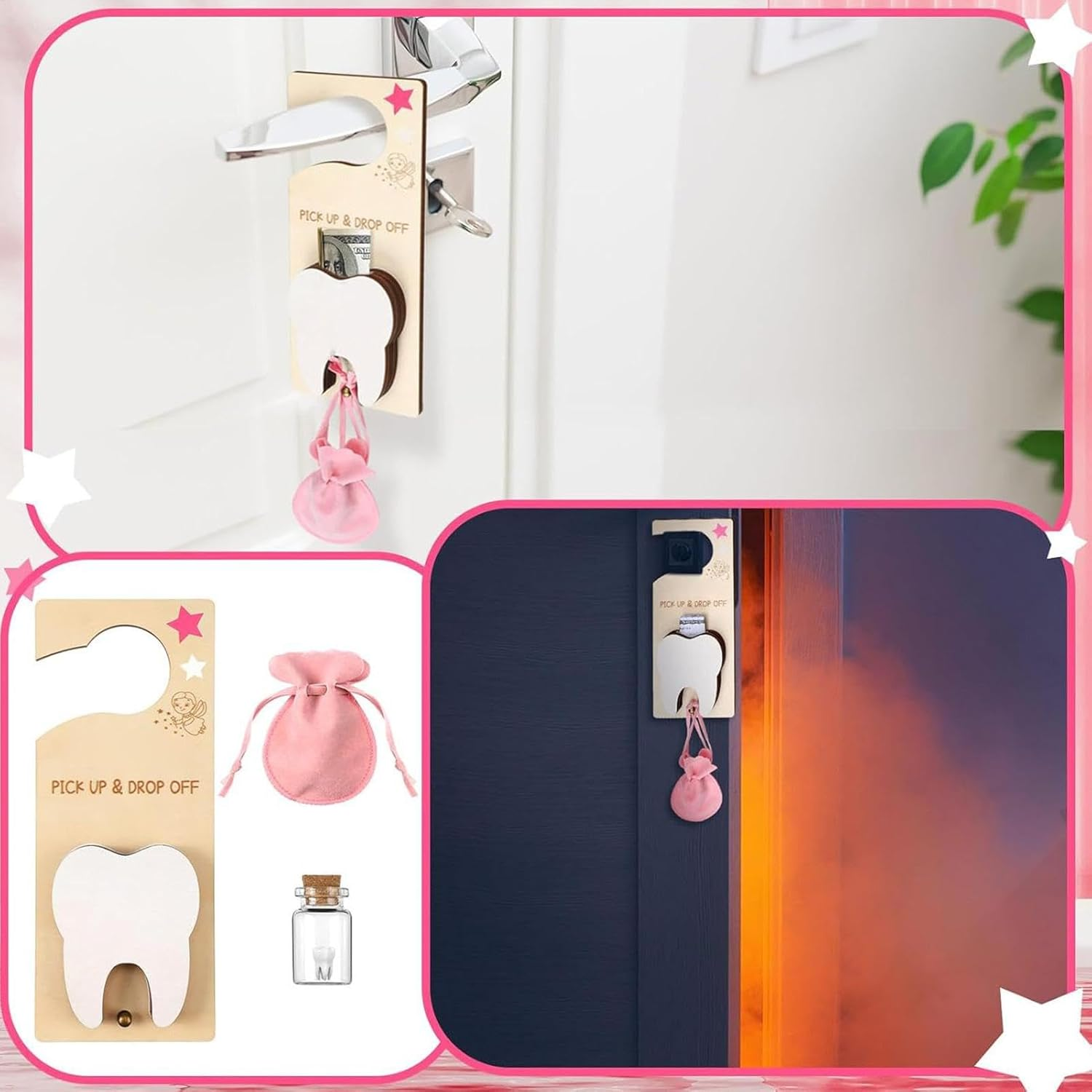 Tooth Fairy Pick up and Drop Off, Tooth Fairy Door Hanger with Money Slot,Tooth Fairy Tooth Holder Bag,Tooth Holder Pouch, Velvet Pouch Tooth Fairy Box - Pink image number 6