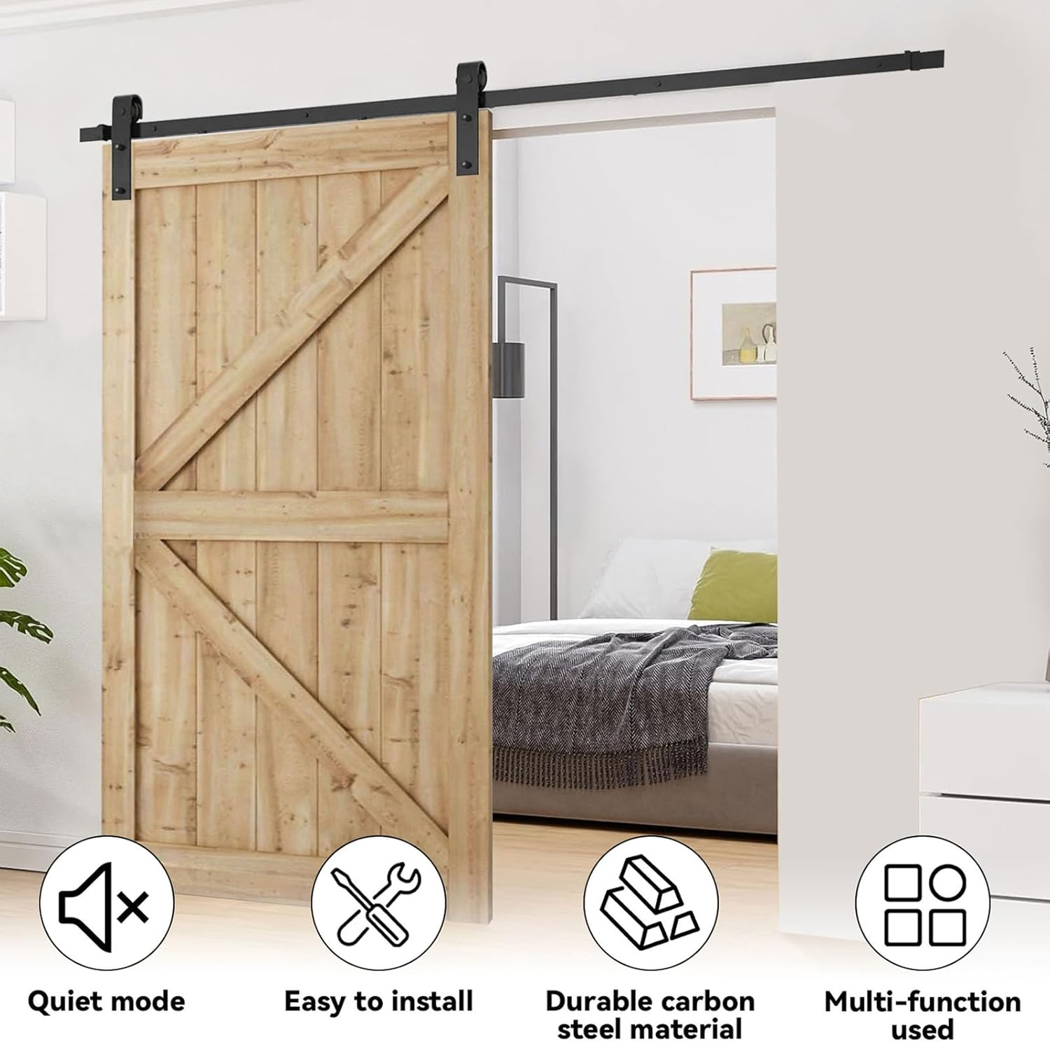 1.83M/6FT Sliding Barn Door Hardware Kit, Heavy Duty Carbon Steel, Smooth and Quiet Operation, DIY Sliding Barn Door Kit Fit 36"-40" Wide Door Panel for Bedroom Living Room Sliding Barn Door Hardware image number 2