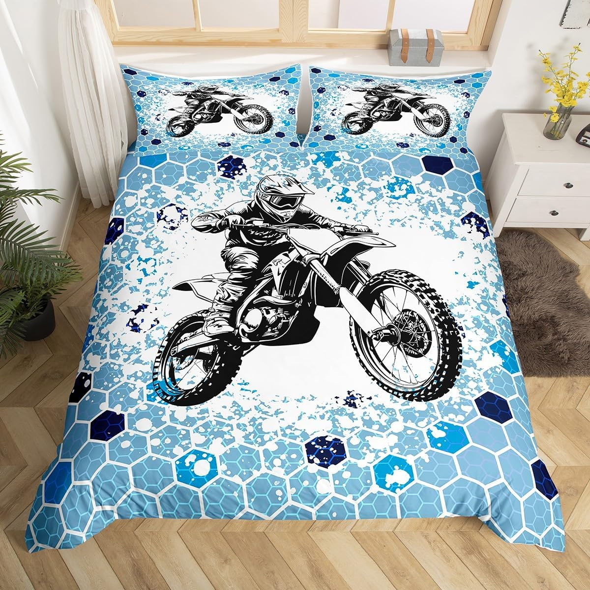 Loussiesd Honeycomb Dirt Bike Bedding Set 135 X 200 Cm for Children Boys Teens Extreme Sports Duvet Cover Racing Motocross Rider Bedding Set image number 2