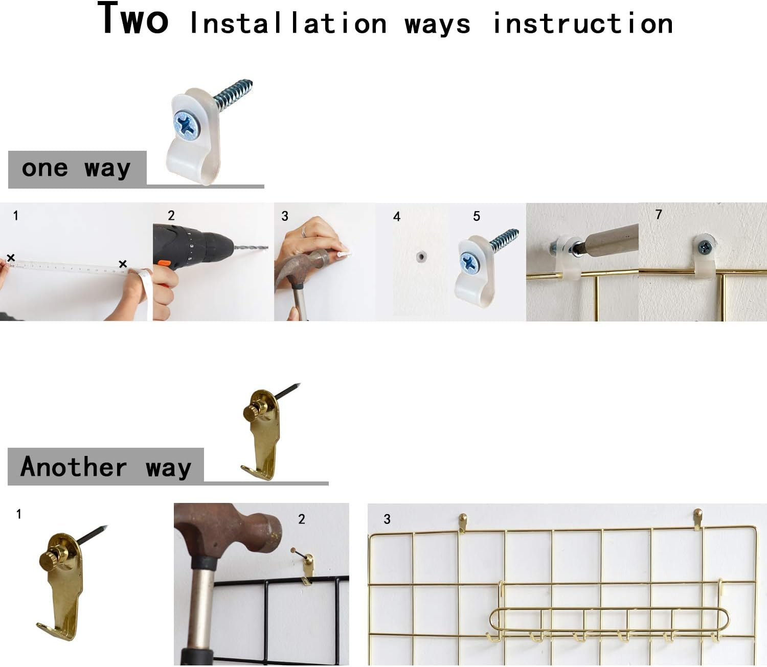 FRIADE Wall Grid Panel for Photo Display,Wall Storage Organizer,5 Metal Clips & 3 S Hooks & 4 Nails & 4 Plastic Hanging Buckles and 4 Screws Offered,Size 17.5" X 11.8",2 Pack(Gold) - Gold image number 4