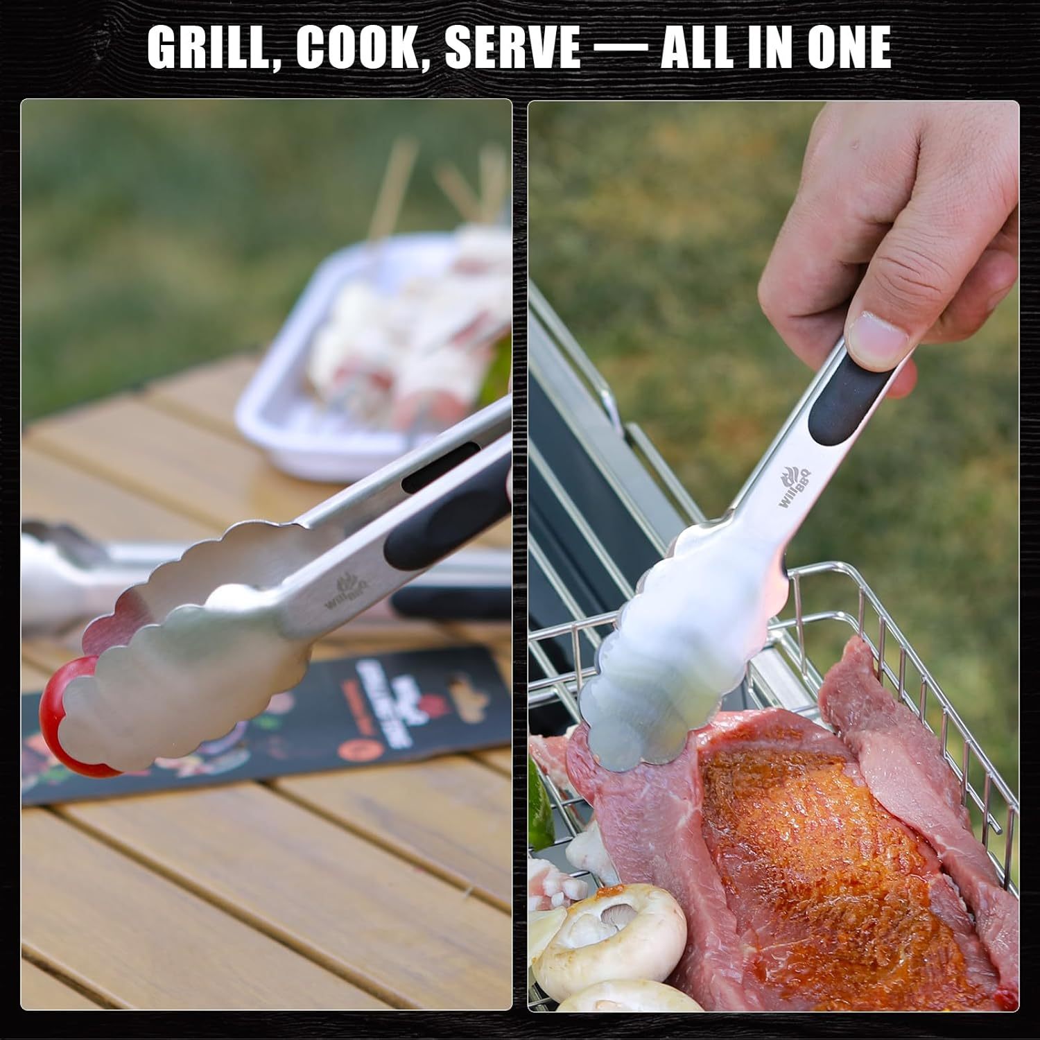 Willbbq Stainless Steel BBQ Tongs Set of 2 &ndash; 9" & 12", Heavy Duty Cooking Tongs with Locking Ring & Non-Slip Grip, Ideal for Grilling, BBQ, Kitchen & Serving image number 3