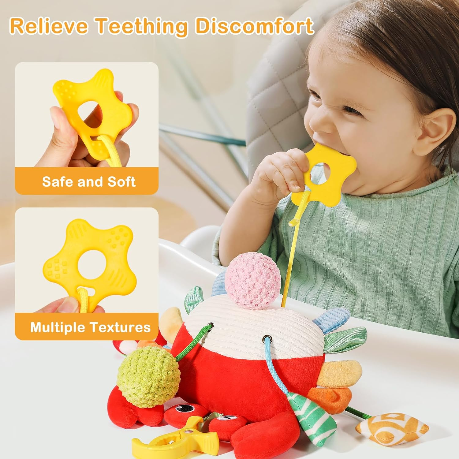 Baby & Toddler Toys, Soft Plush Crab Baby Sensory Toys with Rattle and Multiple Textures, Interactive Hanging Toy for Stroller or Car, Newborn Infant Gift