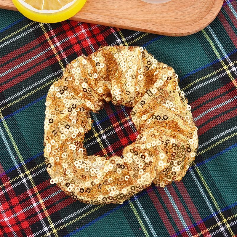 Gold Sequin Scrunchies for Girls Women Bling Elastic Hair Ties Bands Ropes Ponytail Holders for Christmas Party Hair Accessories Cheerleadering Hair Scrunchie Scrunchy 2 PCS