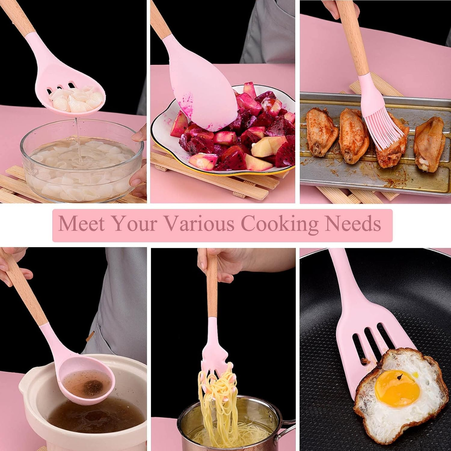 Kitchen Knife Set with Block, Retrosohoo Pink 19PC Silicone Kitchen Utensil Set and Stainless Steel Knife Set, Non-Stick Sharp Chef Knife and Cooking Utensils Set for Women Family (Pink) image number 1