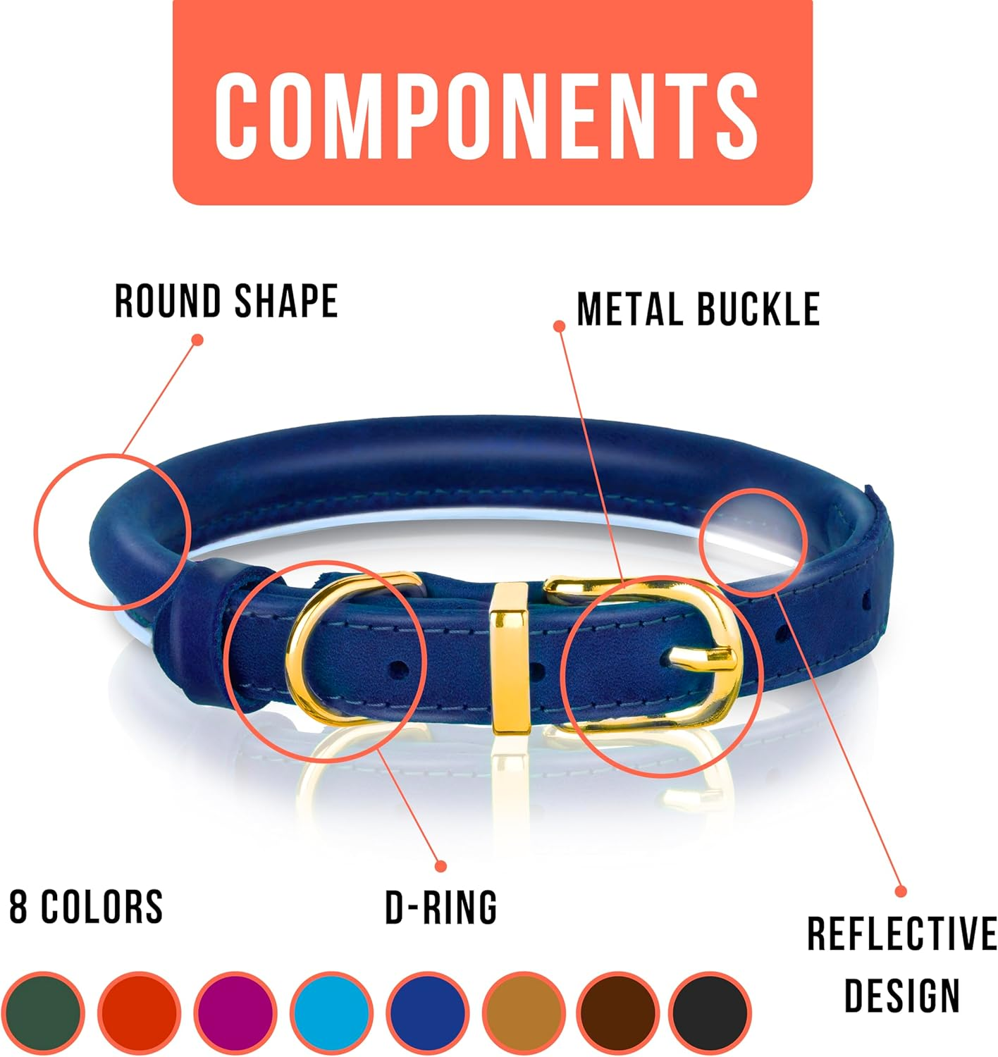 OOPSDOGGY Reflective Rolled Leather Dog Collar for Small Medium Large Dogs Puppy, 8 Colors, 7 Sizes (Blue, XXS, 7"-9") image number 4