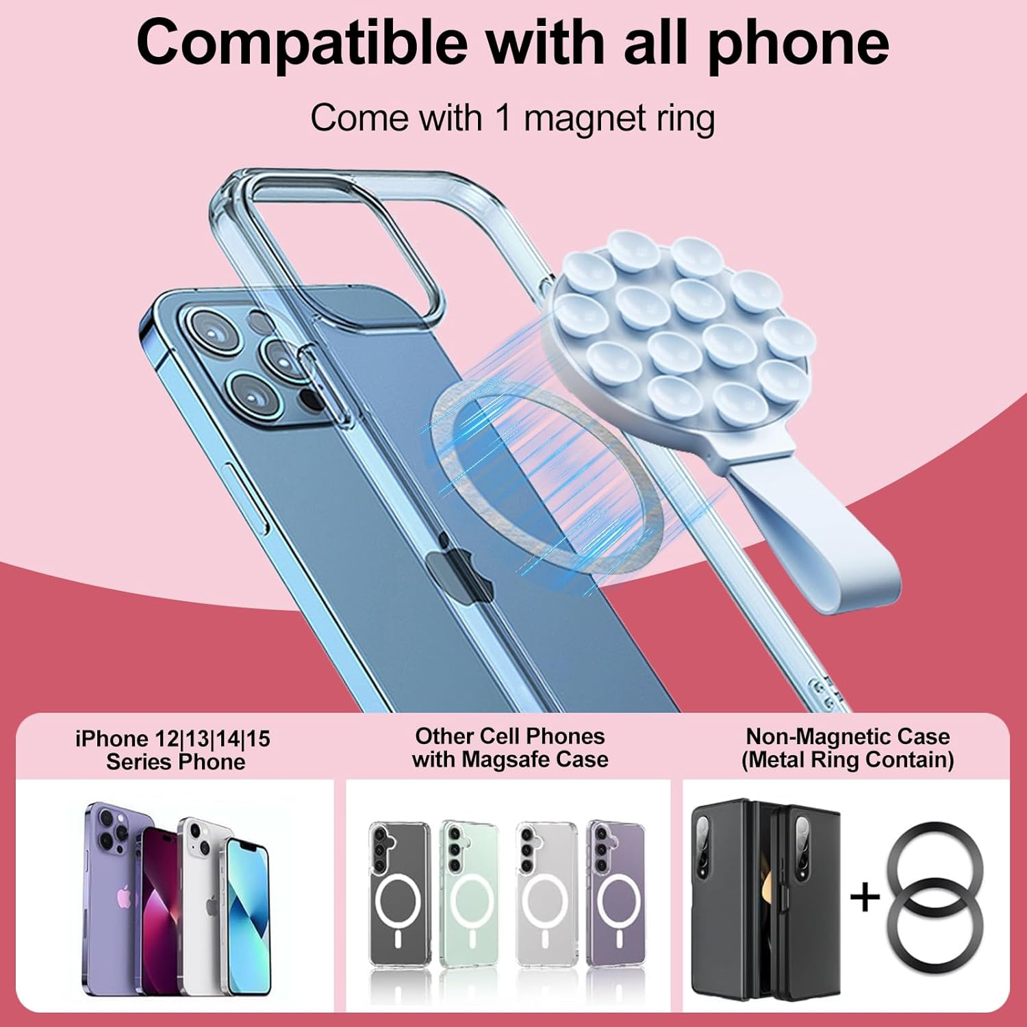 T Tersely Silicone Suction Phone Grip Holder, Magnetic Phone Mount Compatible with Magsafe, Sticky Grip Hands-Free Mirror Stand Holder for Iphone 17/16/15/14/13/12/11 Series and Android (Blue) image number 1