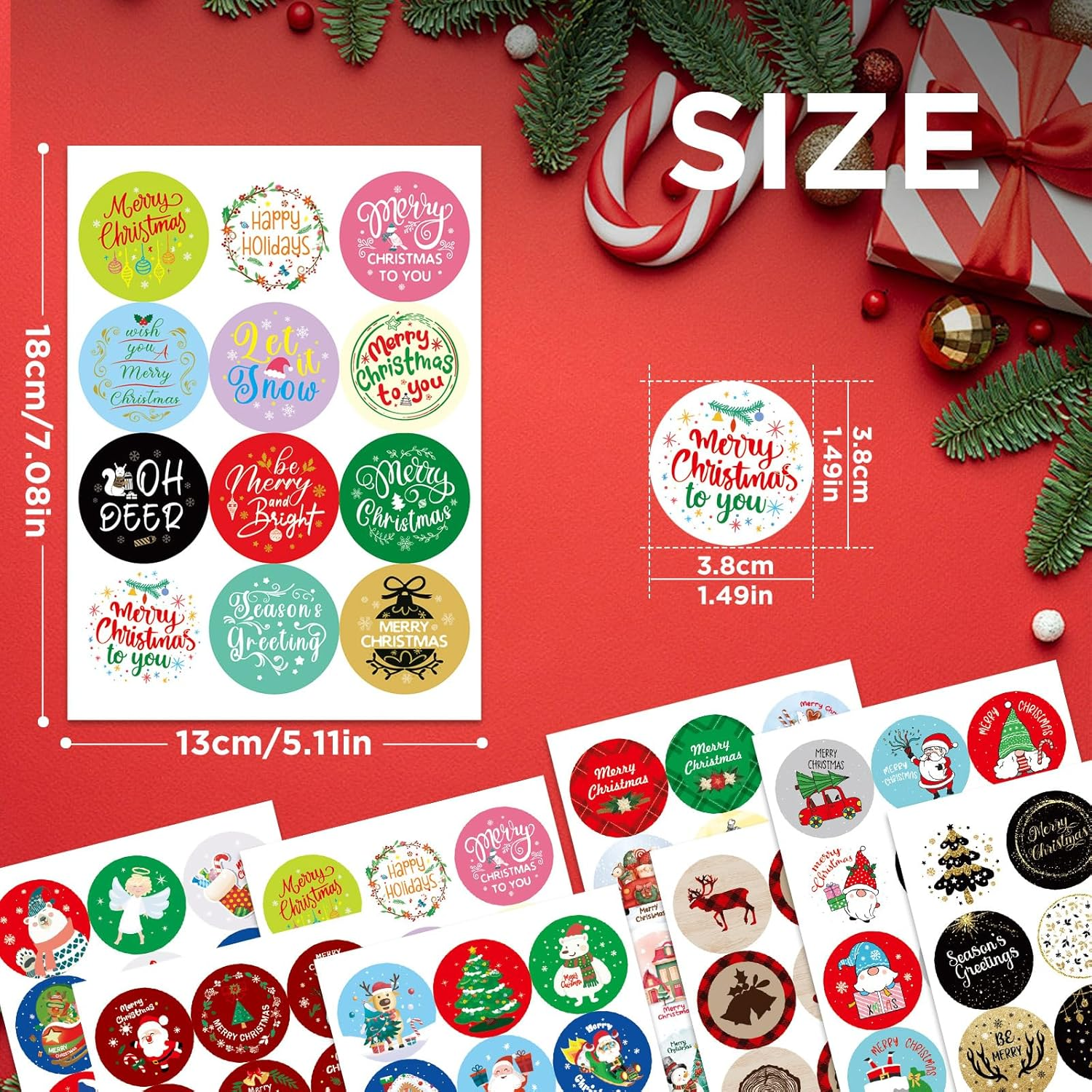 Simpeak Christmas Stickers, 192 Pcs Self-Adhesive Merry Christmas Santa Snowflake Sticker, round Envelope Presents Gift Stickers Decal, 16 Sheets, 8 Styles image number 3