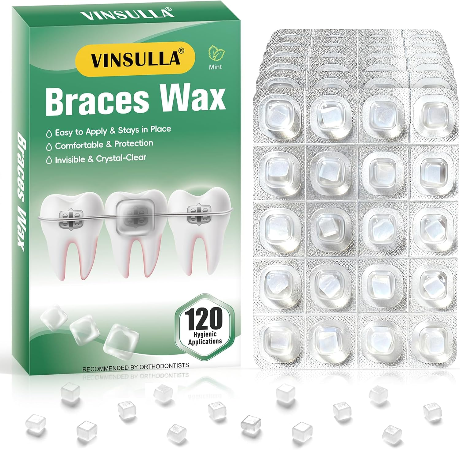 Orthodontic Clear Wax for Braces-120 Count Long-Lasting Dental Wax Dots with Strong Adhesion,Individually Wrapped for Portable Oral Care,Mint(Pack of 6)