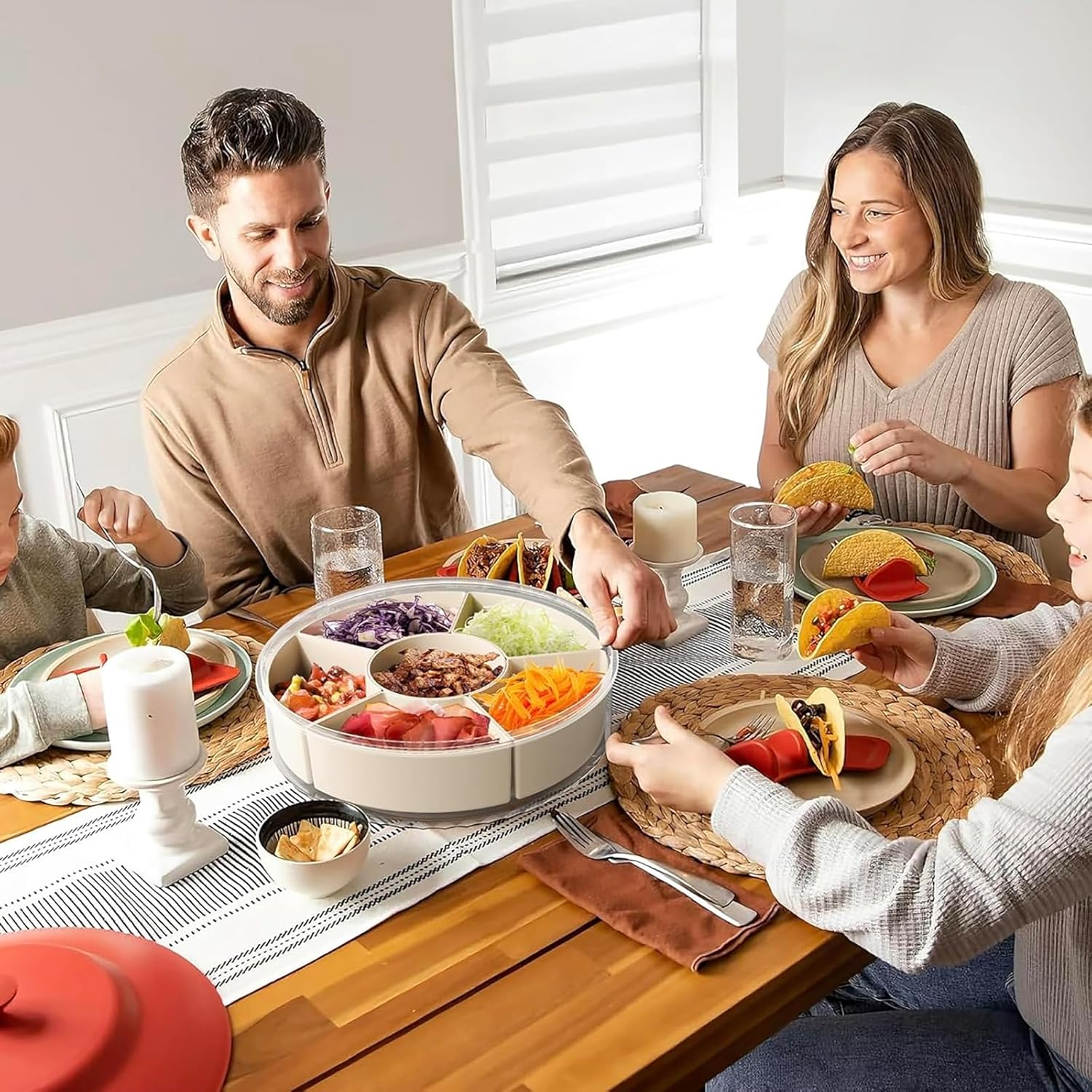 DAWNTREES Snackle Box,Divided Rotating Serving Tray with Lid and Handle - Charcuterie Container for Portable Snack Platters - Clear Organizer for Candy, Snacks (1) image number 5