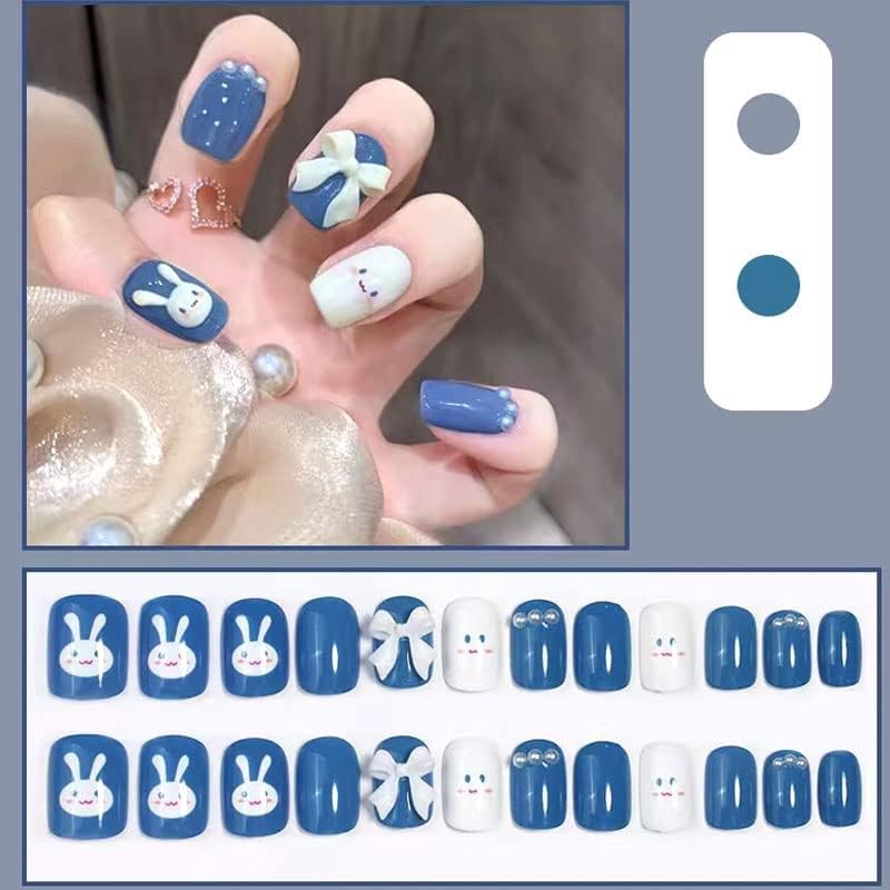 AIDVPOD Cute Fake Press on Nails for Women Kid Cute Rabbit Fake Nails Pre-Glue Short Full Cover False Nail Tips Stick on Nails Lovely Gift Girls Nail Art Decoration -Blue, 29 Piece Set - Blue image number 4