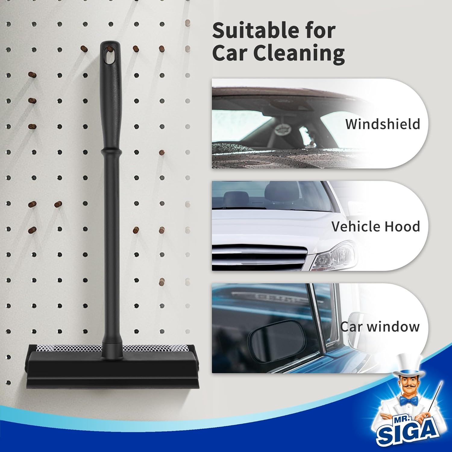 MR.SIGA Professional Squeegee for Car Windshield Cleaning, 2 in 1 Shower Door Squeegee with Handle & Window Washing Sponge, Black image number 1