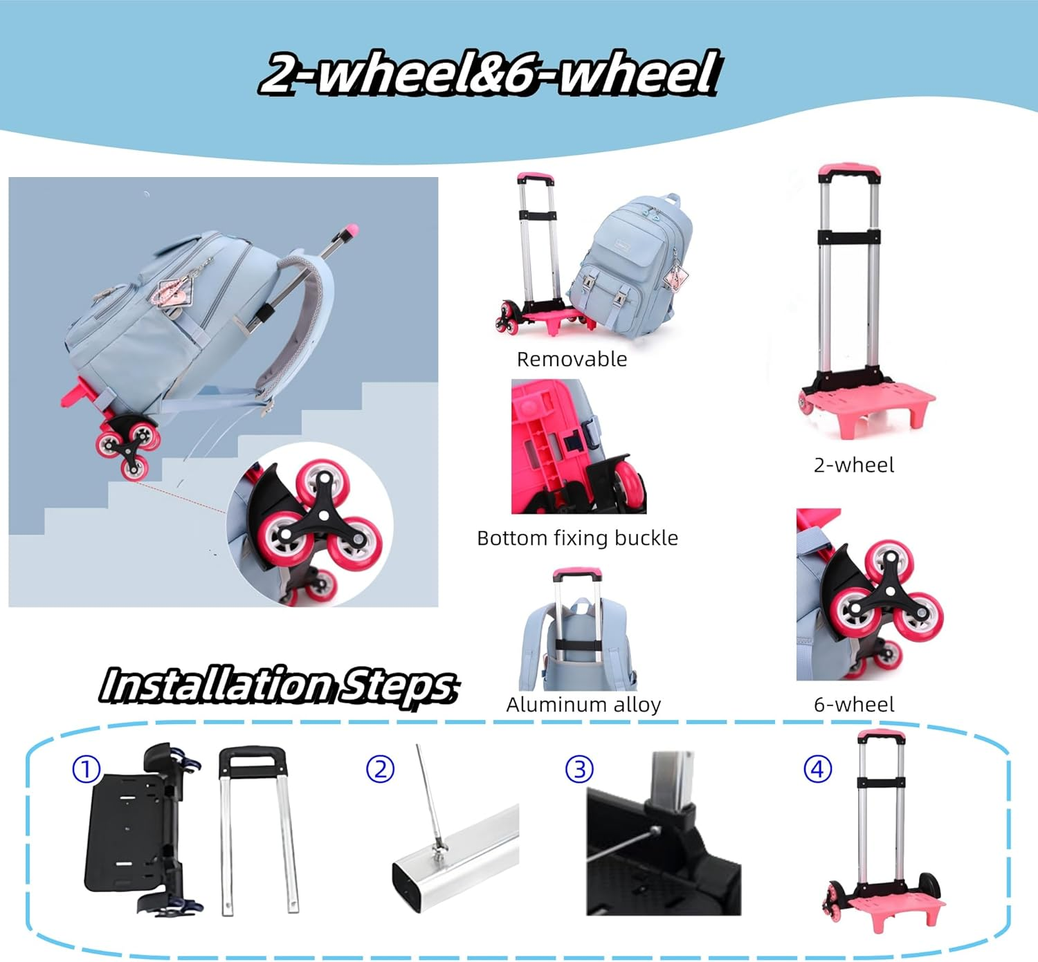 ZHANAO Rolling Backpack Luggage Bookbag with Wheels Trolley Bag Wheeled Travel Backpack for Girls & Boys Trolley Bag image number 5