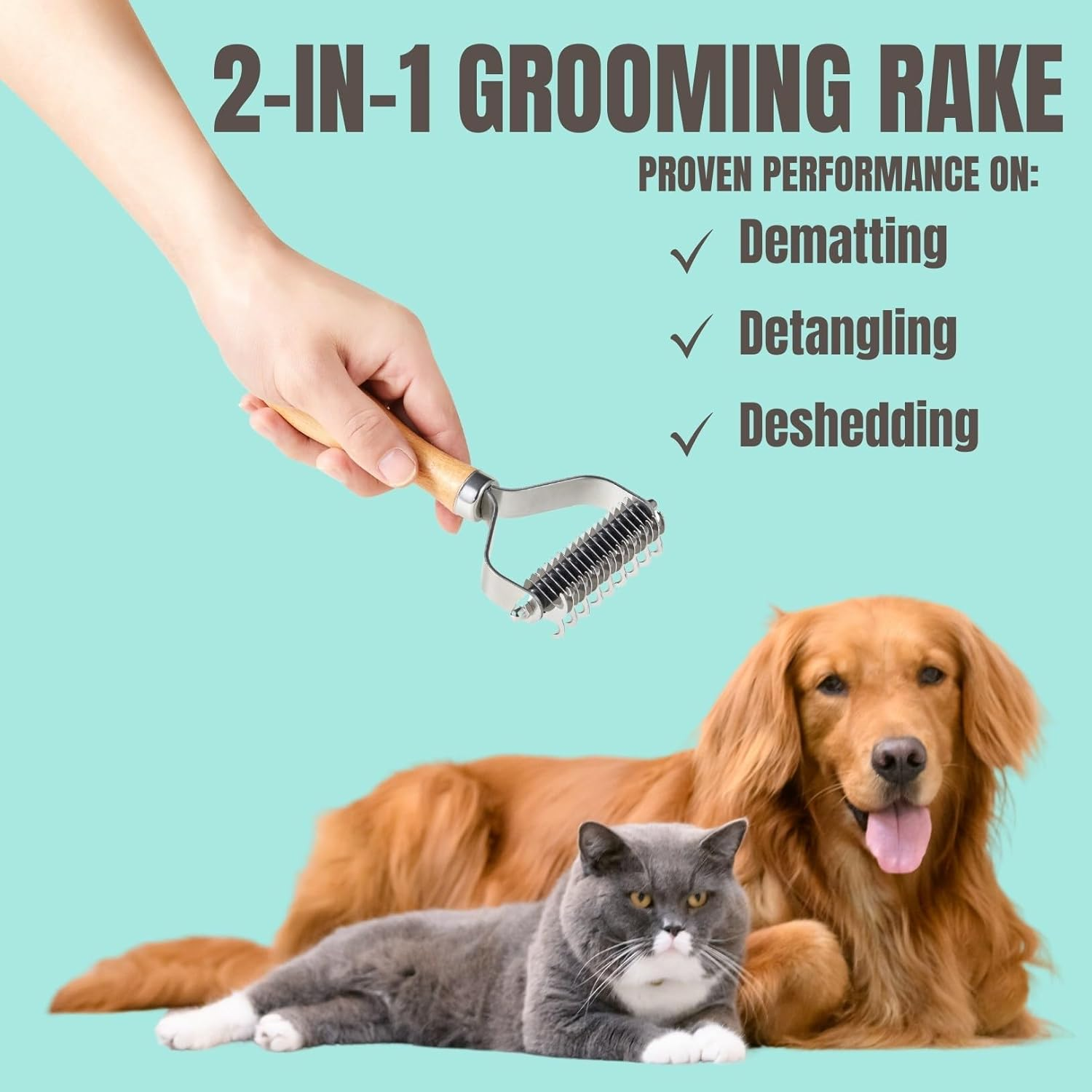 Dog Cat Brush for Dematting and Deshedding, 3 Pack Pet Grooming Kit of Undercoat Rake, Shedding Brush and Combs for Cats Dogs, with Premium Wood Handle image number 5