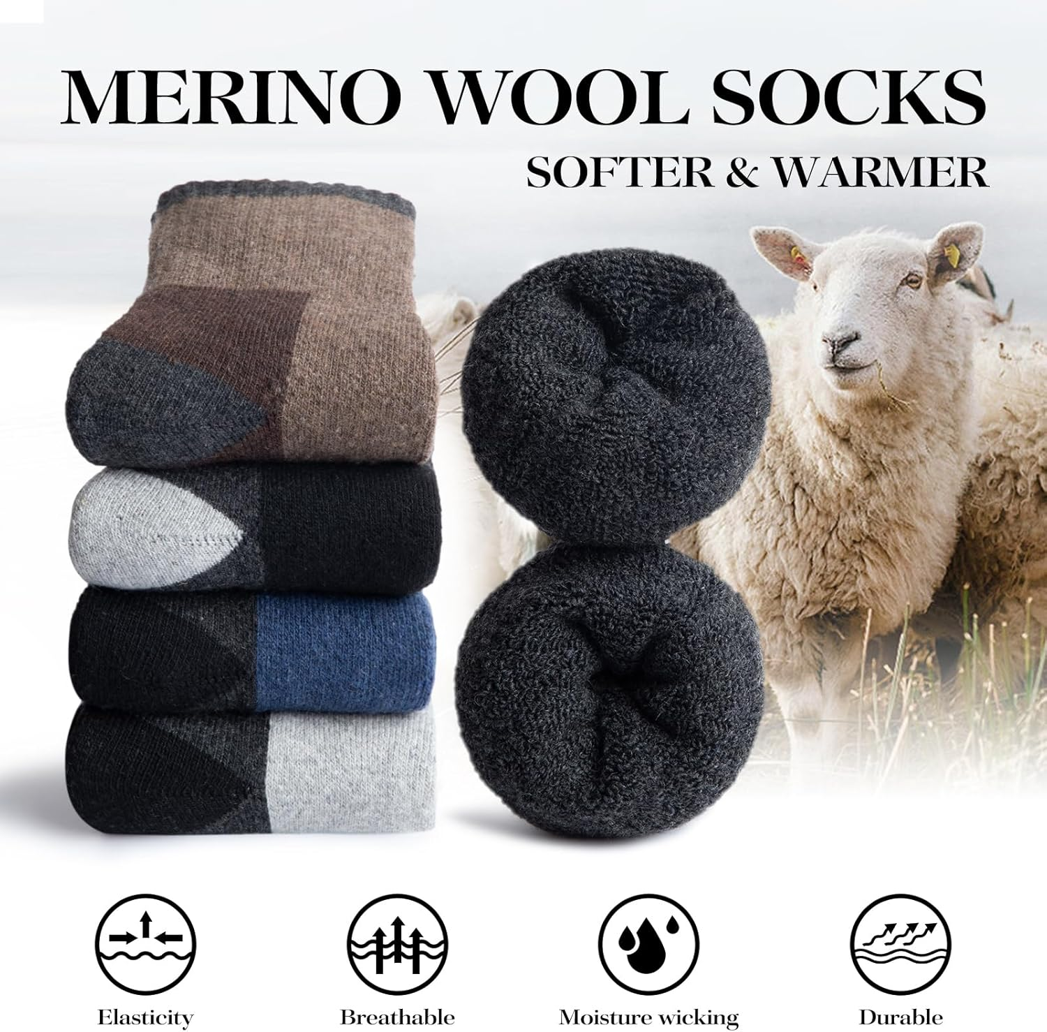 SIMIYA 5 Pair Merino Wool Socks Men Warm Thick Thermal Socks Hiking Socks for Cold Winter Outdoor Walking Running Skiing image number 5