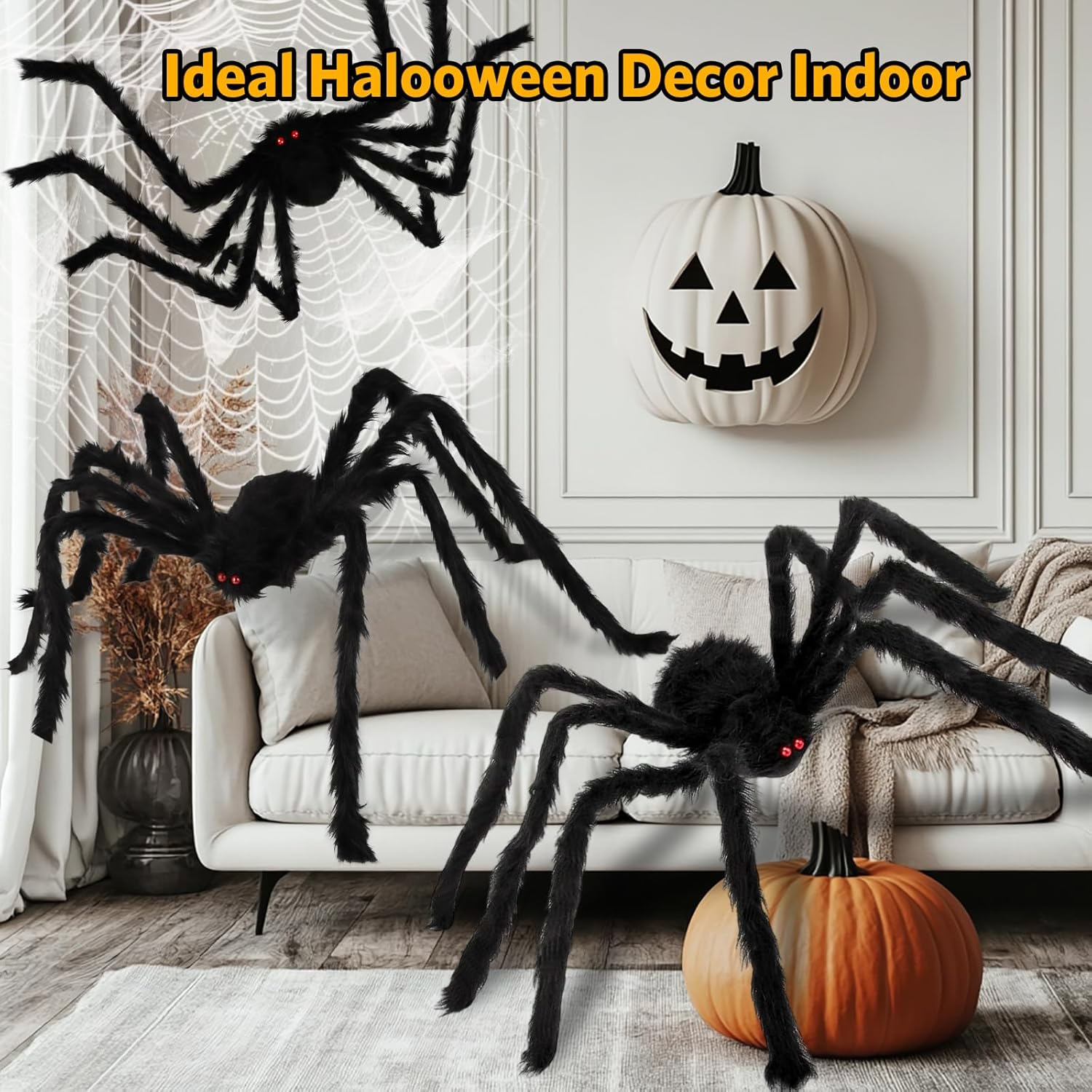 Halloween Giant Spider Decorations - 3 Pcs Realistic Scary Spiders Set Halloween Decorations outside - Fake Large Spiders Props for Indoor Outdoor Lawn Yard Party Creepy Decor (59", 49&rdquo;, 35&rdquo;) image number 4