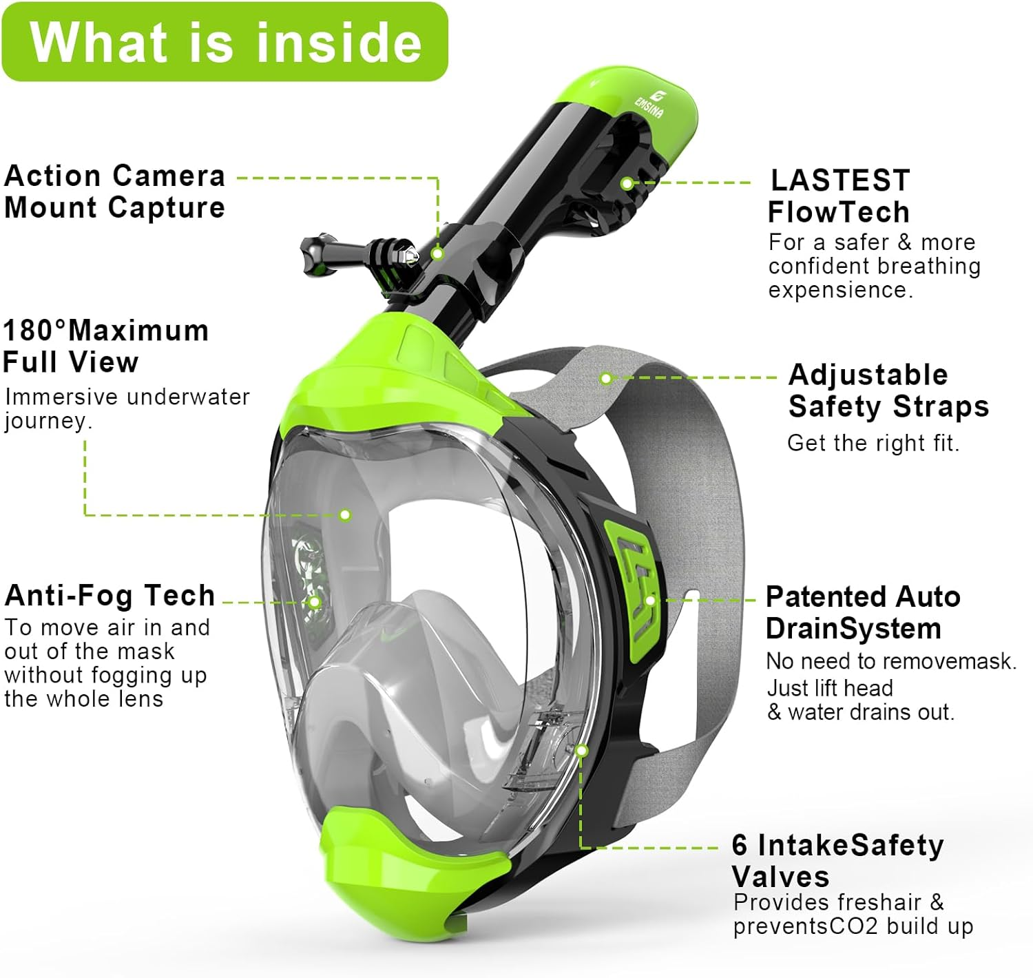 Emsina-Full Face Snorkel Mask Adult the Perfect Snorkeling Gear for Adults and Kids, Upgrade Dry Top Breathing System-New Flowtech Design- Foldable Panoramic View, anti Leak&Fog image number 5
