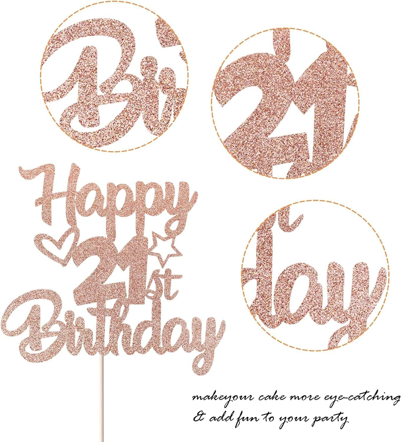 1 Pack Happy 21St Birthday Cake Topper Glitter Heart Star 21 Fabulous Cake Pick Birthday Sign Cake Decorations for Children 21St Birthday Theme Party Supplies Rosegold (21St) - 10Th image number 5