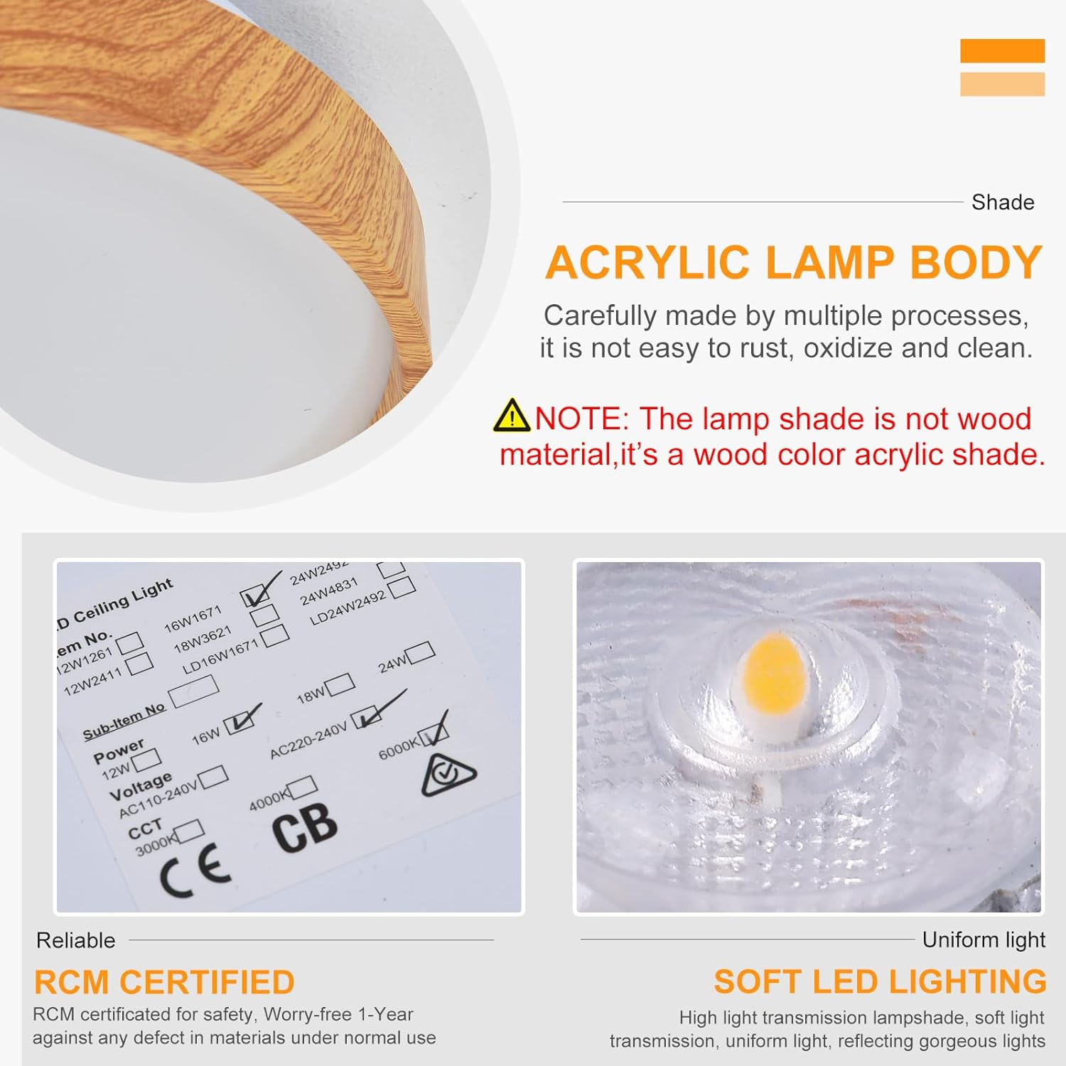 LED Flush Mount Ceiling Light Fixtures 10.2&rsquo;&rsquo;, Modern Bedroom Ceiling Lights 6000K, Painted Wood Grain Low Profile Ceiling Lighting for Dining Room, Kitchen, Living Room RCM Certificted image number 5