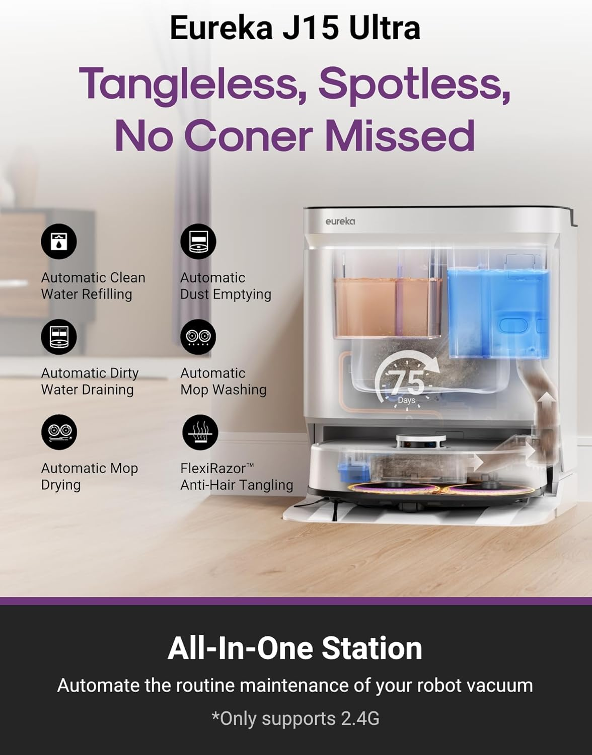 Eureka J15 Ultra Robot Vacuum Cleaner and Mop, 19,000 Pa Suction, Flex-Arm Mop Design, Hot Water Mop Washing & Hot Air Drying, Active Hair Cutting Design, AI Obstacle Avoidance image number 3