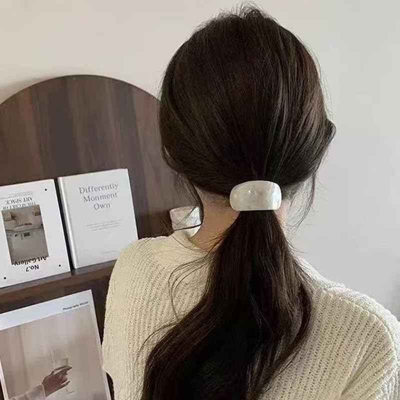 Guqqeuc 2 PCS Tortoise Shell Ponytail Hair Cuffs - Geometric Hair Ties Wrap for Women & Girls - Acetate Ponytail Ring Set for Long Thick Hair - 2 Count (Pack of 2) - Khaki, Pearl White image number 5