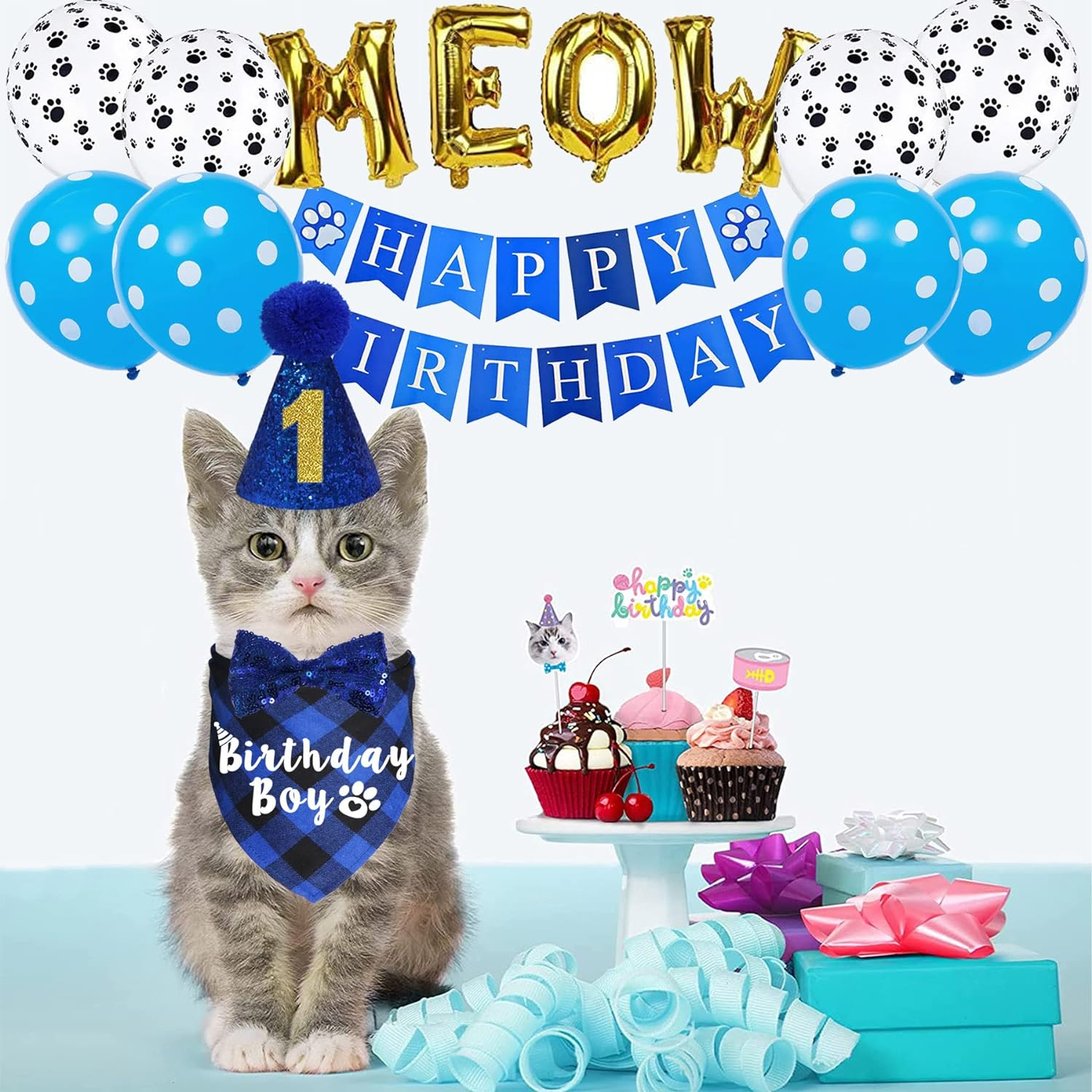 JOTFA Cat Birthday Party Supplies, Cat Birthday Bandana with Cat Birthday Hat Bow Tie Birthday Number Cat Birthday Banner Balloons Meow Letter Balloons for Cat Kitten Birthday Decorations image number 1