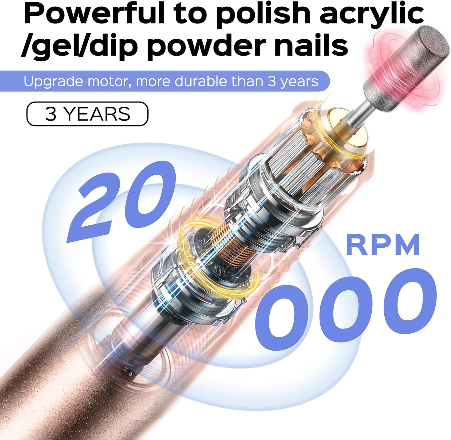 Electric Nail Drill Portable Professional: COSLUS Rechargeable Nail File for Acrylic Gel Dip Nails, Manicure and Pedicure Polishing Set, Nail Drill Bits, Sanding Bands, Suitable for Home Salon Gold image number 2