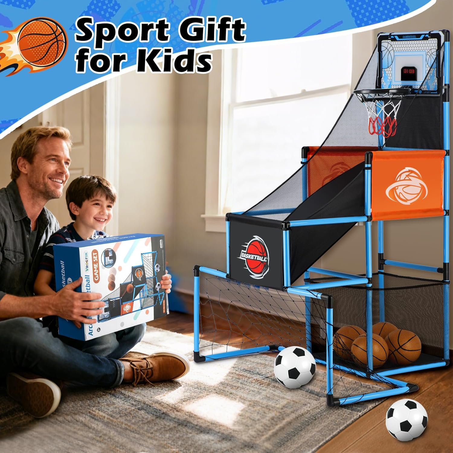 2 in 1 Basketball Arcade Game & Soccer Goal for Kids, Adjustable Kid Basketball Hoop with 6 Balls and Pump, Indoor Outdoor Games for Kid Toys for 3-12 Year Old Kids Birthday Gifts for Boys Girls image number 3