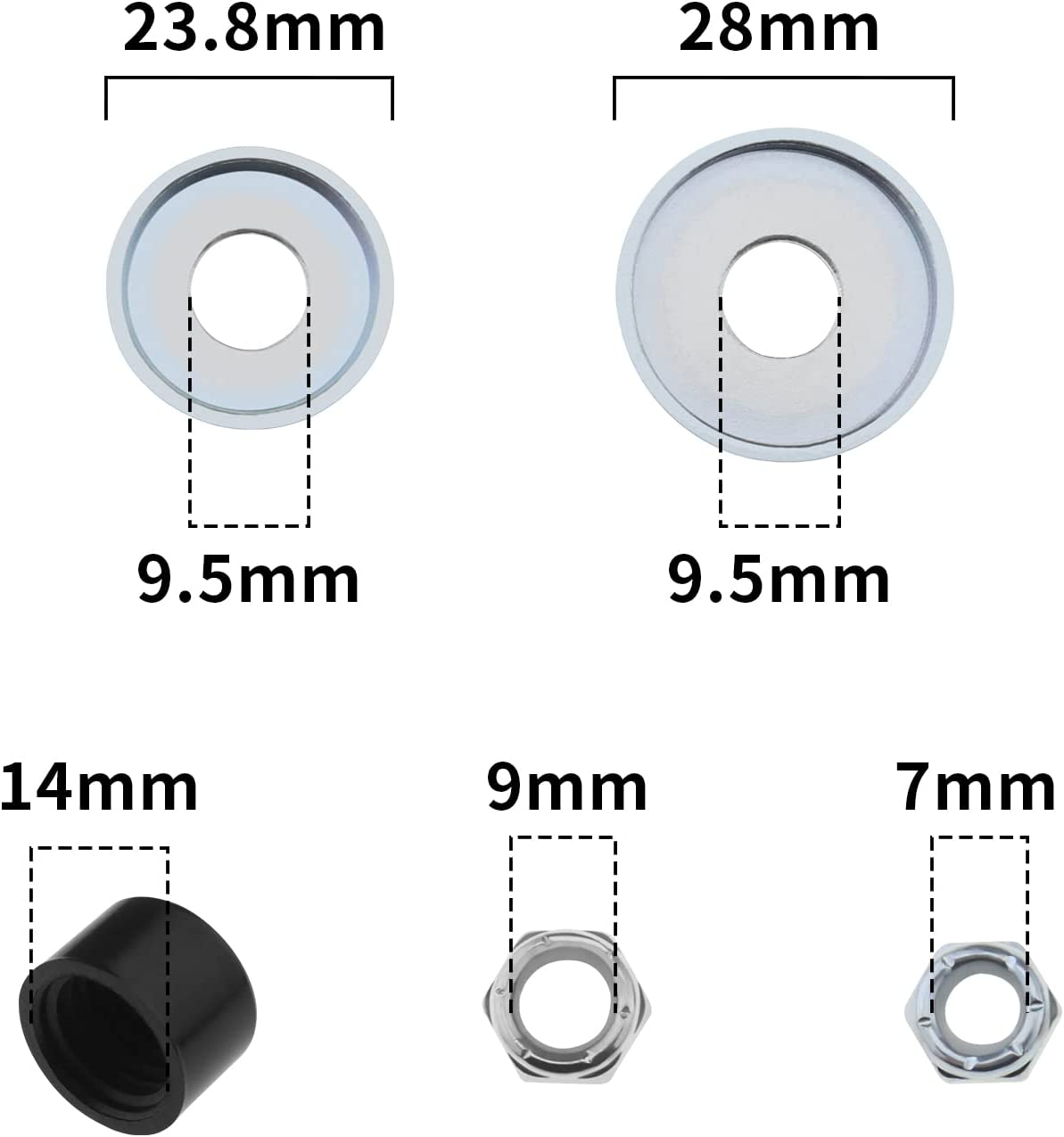 Emsea 2 Sets Universal Skateboard/Skate Truck Rebuild Kit Includes Top/Bottom Bushing Washers Pivot Cups Kingpin Nuts Axle Nuts Speed Rings image number 6