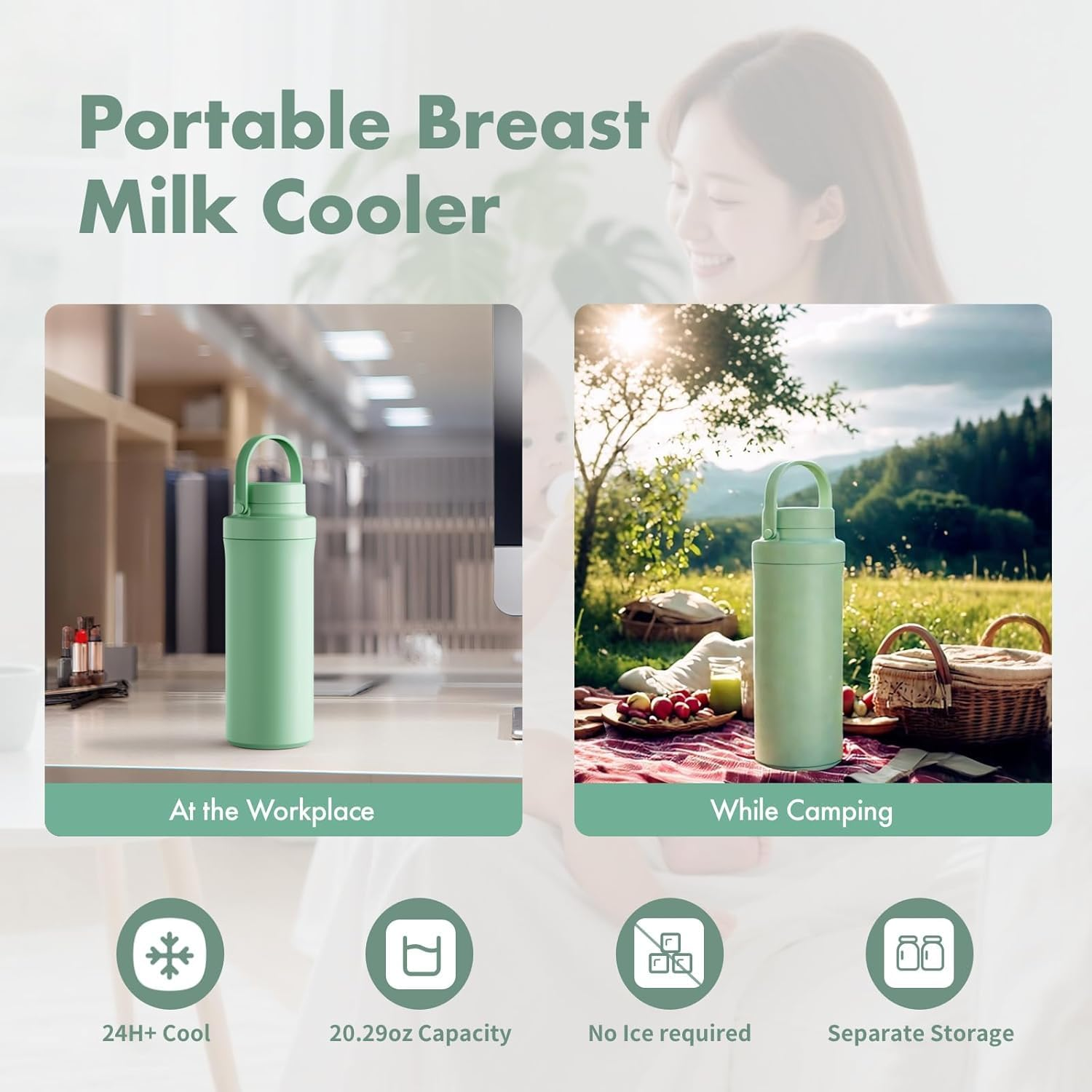Portable Breast Milk Cooler for Outdoor,1500Ml Life Saver with 360&deg; Total Cooling for 24 Hours, Larger Capacity Travel Breastmilk Chiller with 2Pcs Baby Bottles for Breastmilk Storage, Green image number 3