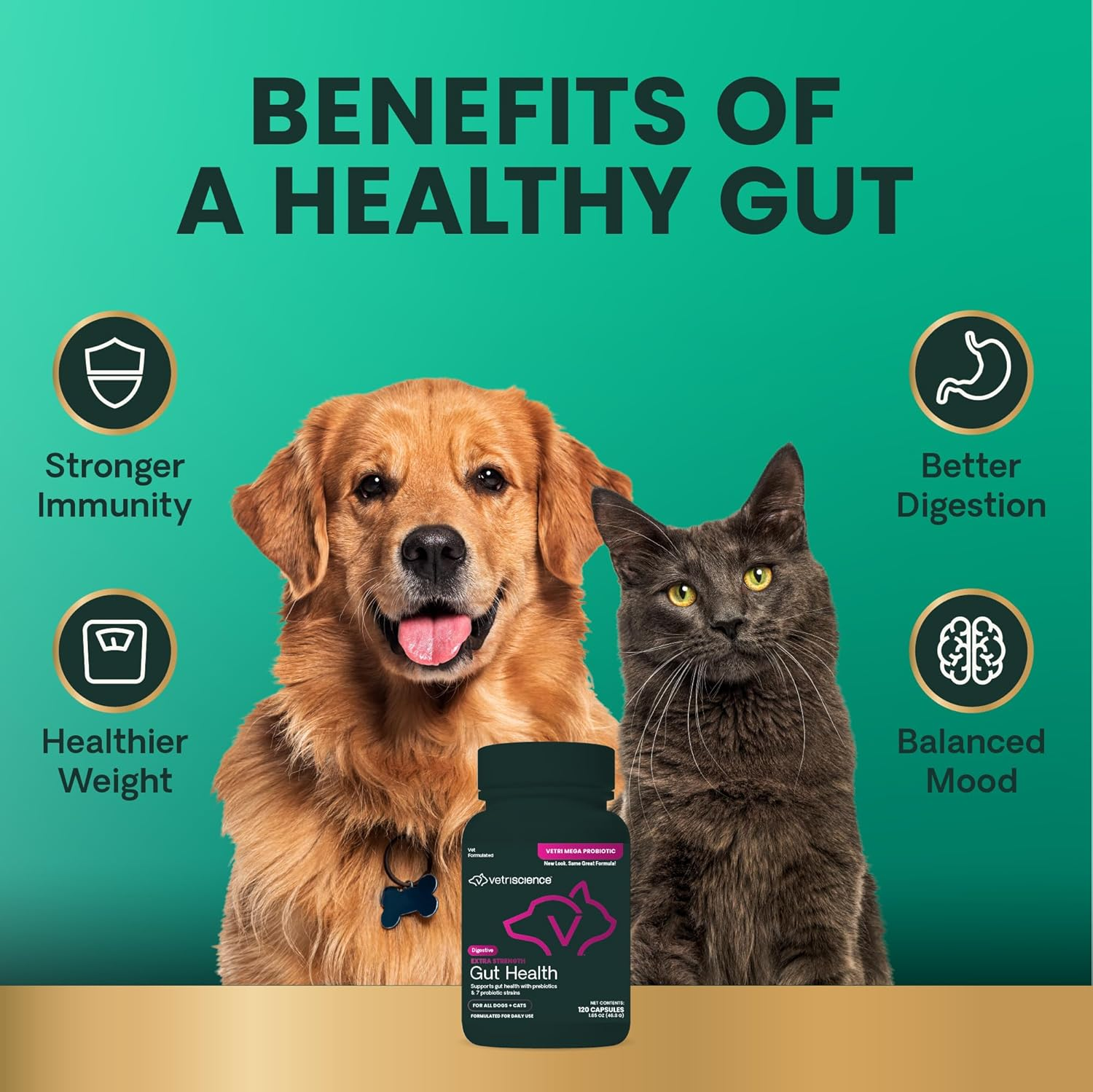 Vetriscience Extra Strength Gut Health Easy-Open Capsules, Mega Probiotic and Prebiotic Digestive Supplement for Dogs and Cats, for Diarrhea and Immune Support, 7.5 Billion CFU per Capsule, 120 Count image number 1