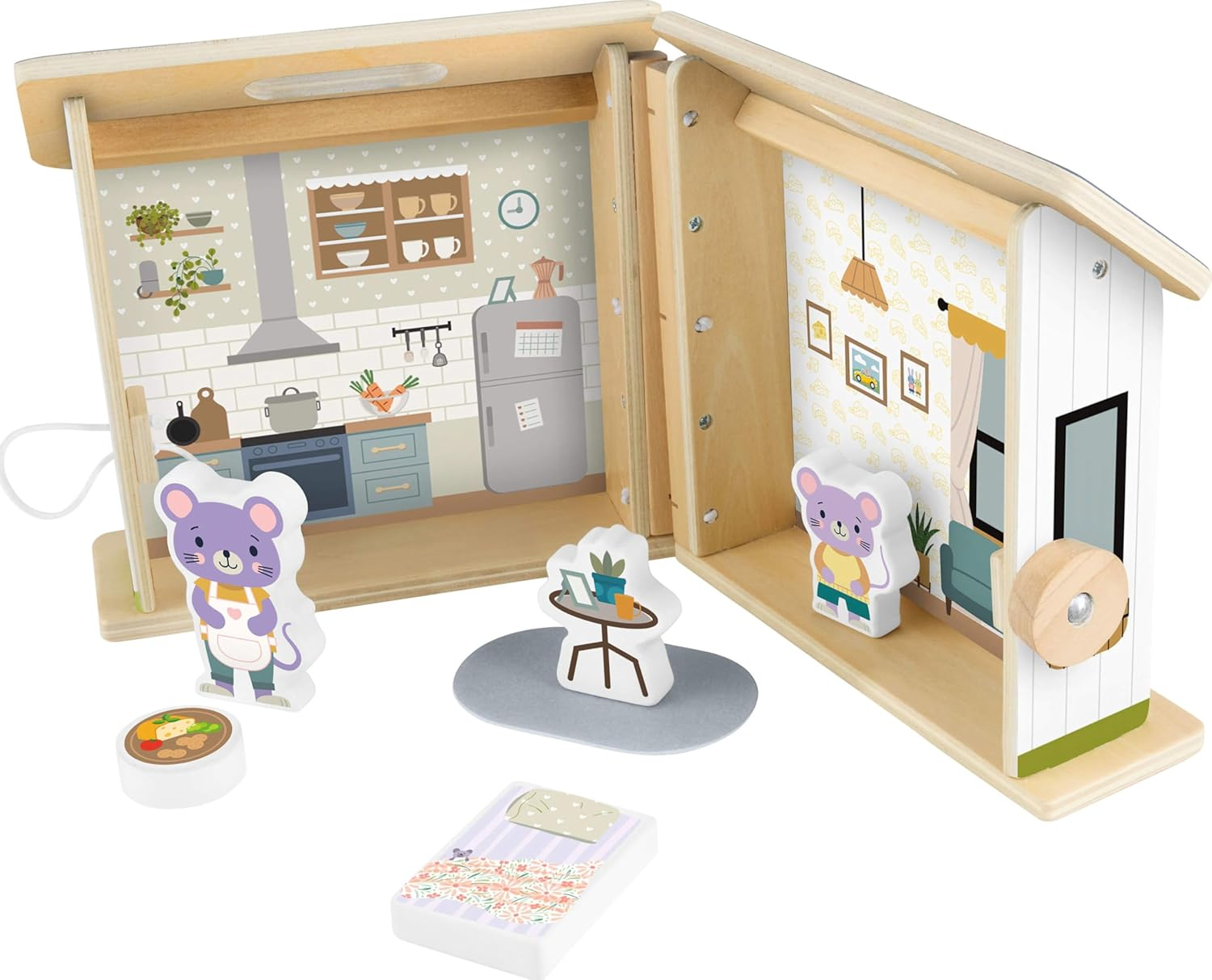 Fisher-Price Wood Pretend Play Toy Dollhouse, 6-Piece Wooden House Playset for Travel Preschool Kids Ages 3+ Years image number 1