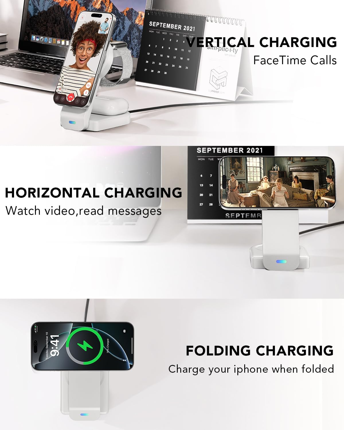 Foldable Magnetic Wireless Charger Compatible with Apple Devices,3 in 1 Wireless Charging Station for Iphone 17/16/15/14,Apple Watch Ultra 3/Ultra/Seires 11/10/9/8/7/6/Se,Air-Pods Pro 3/4/3/Pro(White) image number 4