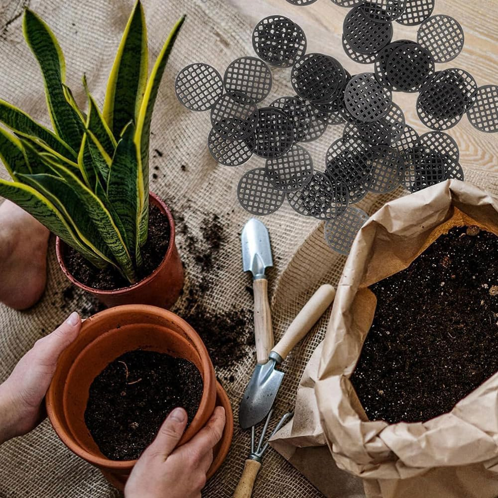 30Pcs Plant Pot Mesh Hole Cover Bonsai Drainage Mesh Insert, Flower Pot Hole Pad Bottom Grid Mat, round Screen Pot Bottom Gasket for Garden Prevent Soil Loss (1.8" / 45Mm, Black) image number 3