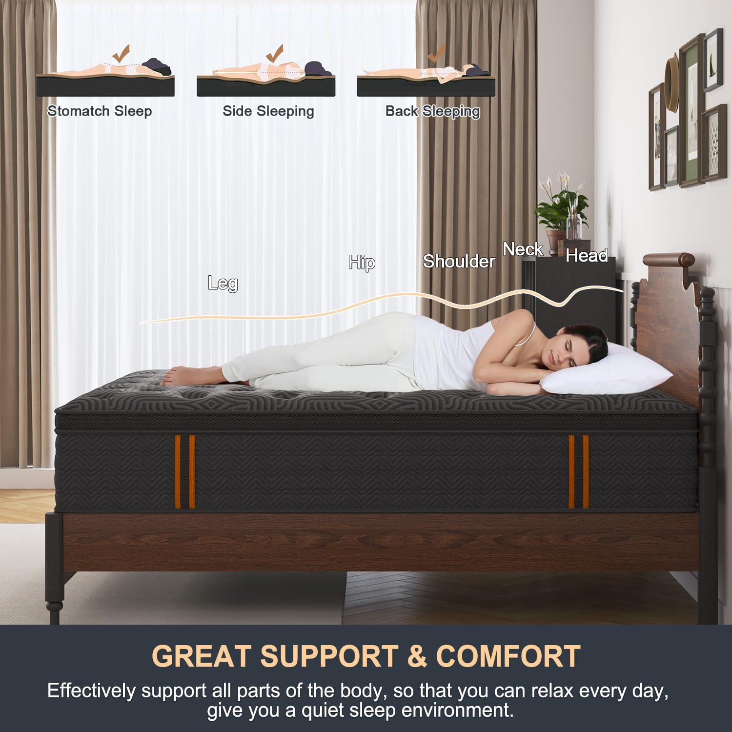 VISCOUNTESS King Single Mattress, Medium Mattresses Euro Top for Back & Lumbar Support, Individual Pocket Spring Bed for Motion Isolation & Pressure Relief with 4 Handles image number 4