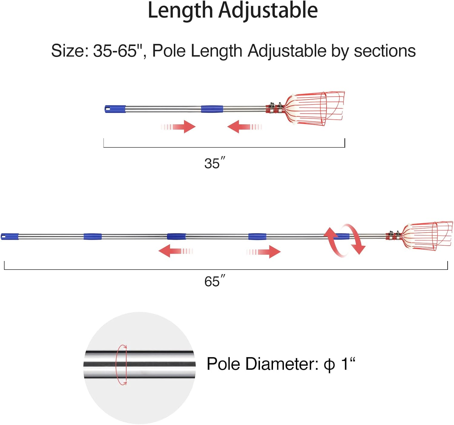 Donsail Fruit Picker Pole Tool with Basket Telescoping Long Handle, 35-65 Inch Adjustable Apple Orange Picker Pole Tool with Basket for Avocado Acorn Lemon Pear Mango Tree Picker image number 1