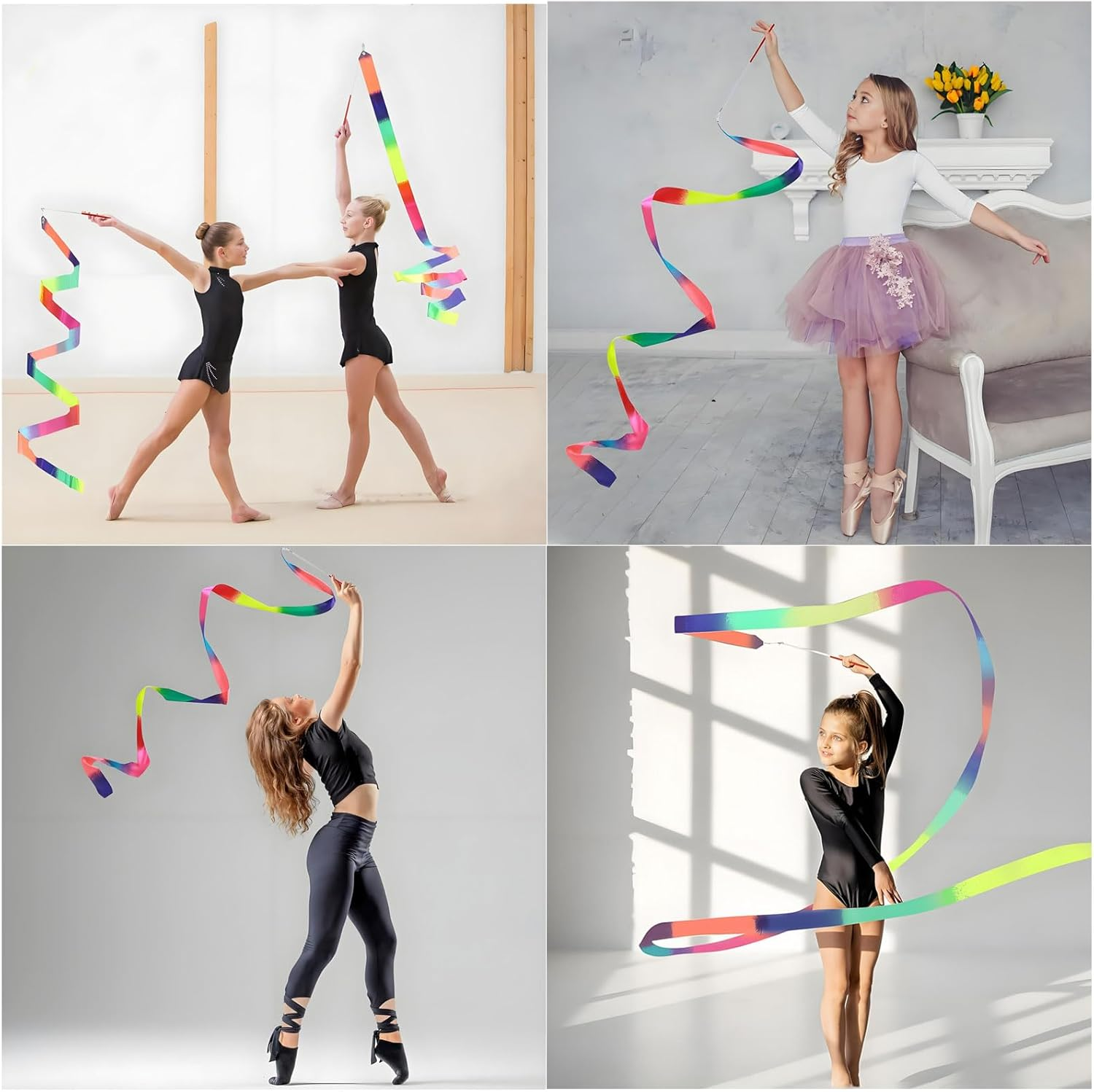 3Pcs 2 Meter/78.74 Inch Gradient Dance Ribbons with Rod,Rainbow Streamers Rhythmic Gymnastics Ribbon, Dancer Ribbons with Twirling Wands for Talent Shows, Artistic Dancing,Gymnastics Dance