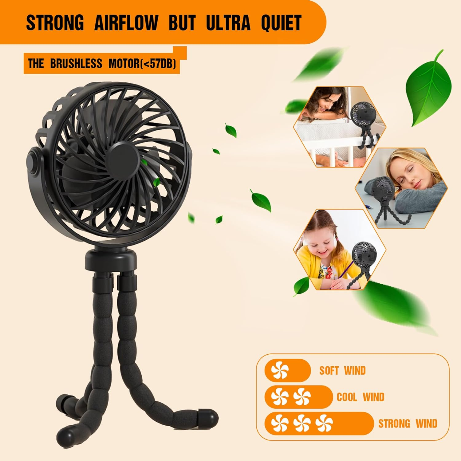 Mini Portable Stroller Fan, Hand Held Fan, 3 Gears, USB Rechargeable, 360&deg; Rotation, Flexible 3-Legged Small Fan, Suitable for Car Seat, Baby Bed, Treadmill and Travel (Black) - Blue image number 6