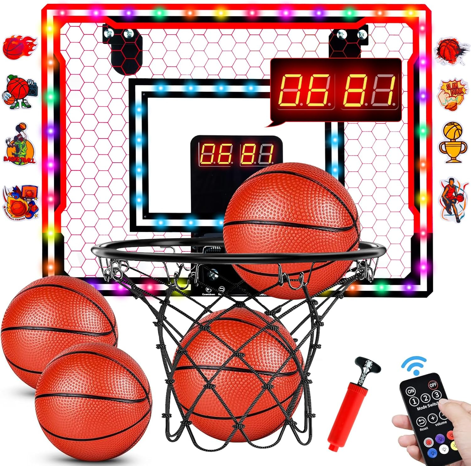 Indoor Basketball Hoop for Kids over Door Mini Basketball Hoop with 4 Red Rubber Balls Basketball Ring with Scoreboard Timer and Remote Control Gifts for 4-12 Year Old Boys Girls image number 4