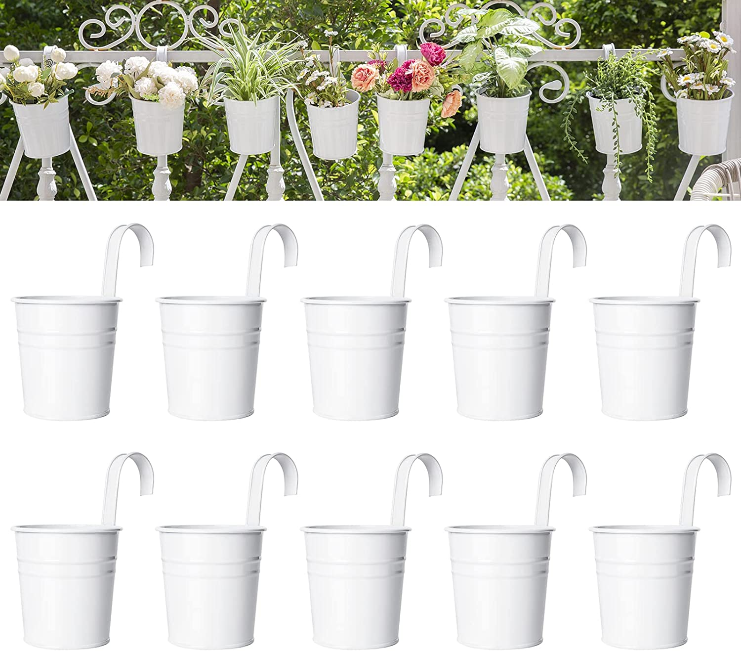 Dahey 10 Pcs Hanging Flower Pots Metal Iron Bucket Planter for Railing Fence Balcony Garden Home Decoration Flower Holders with Detachable Hooks, White, 5 Inches