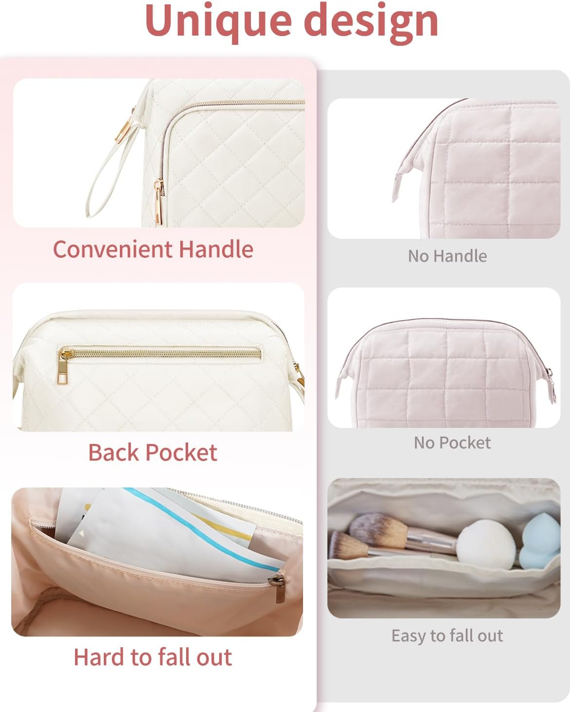 Wandering Nature Makeup Bag, Travel Make up Case, Makeup Organizer Bag with Handle, Back Pocket, (Beige) Patent Pending image number 5