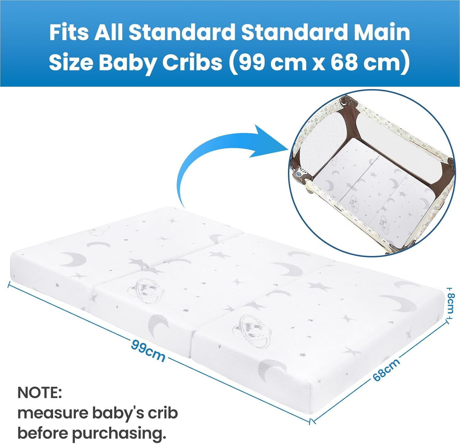 Travel Cot Mattress, Timkos Foldable Mattresses with Removable Zipper Cover and Carrying Bag, Waterproof Portacot Baby Cot, Pack and Play Mattress (105 X 66.5 X 8Cm) Lightweight & Easy Storage image number 2