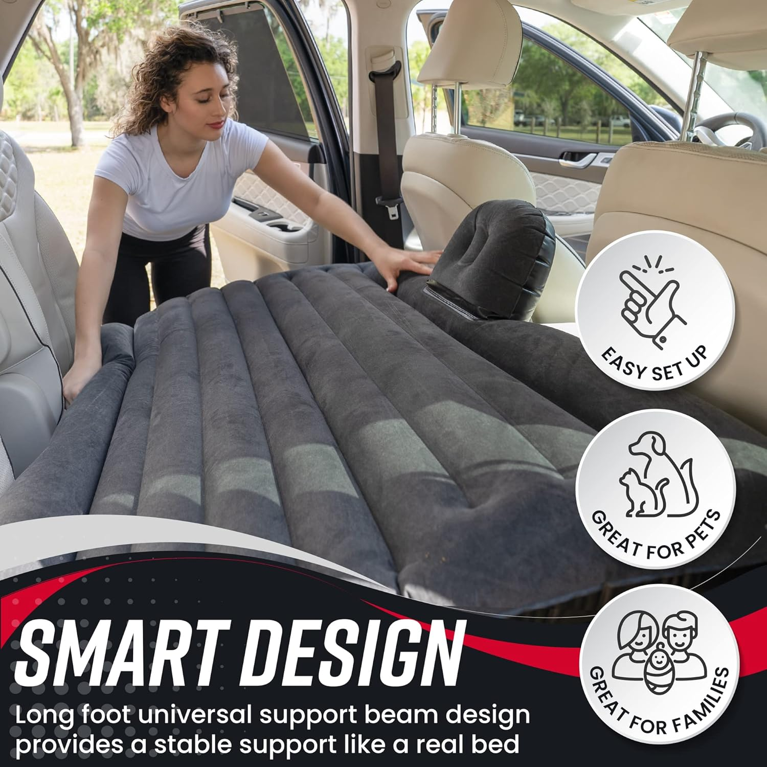 Vaygway Inflatable Car Air Mattress &ndash; Air Bed with Pump Kit &ndash; Back Seat Travel Air Mattress &ndash; Camping Vacation Blow up Bed - Sleeping Pad with 2 Pillows - Universal Car SUV Truck Fit image number 2