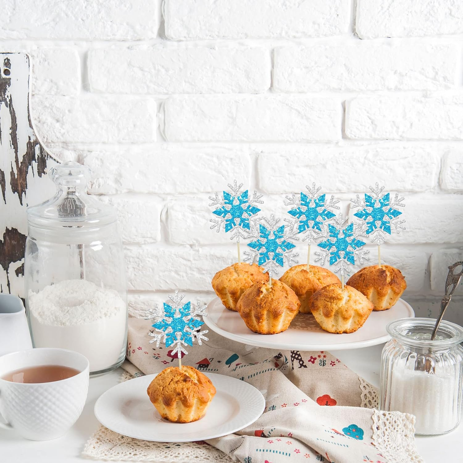 24Pcs Double Layers Snowflake Cupcake Toppers Glitter Winter Theme Snowflake Cupcake Picks Decorations for Baby Shower Kids Birthday Christmas Party Supplies image number 3