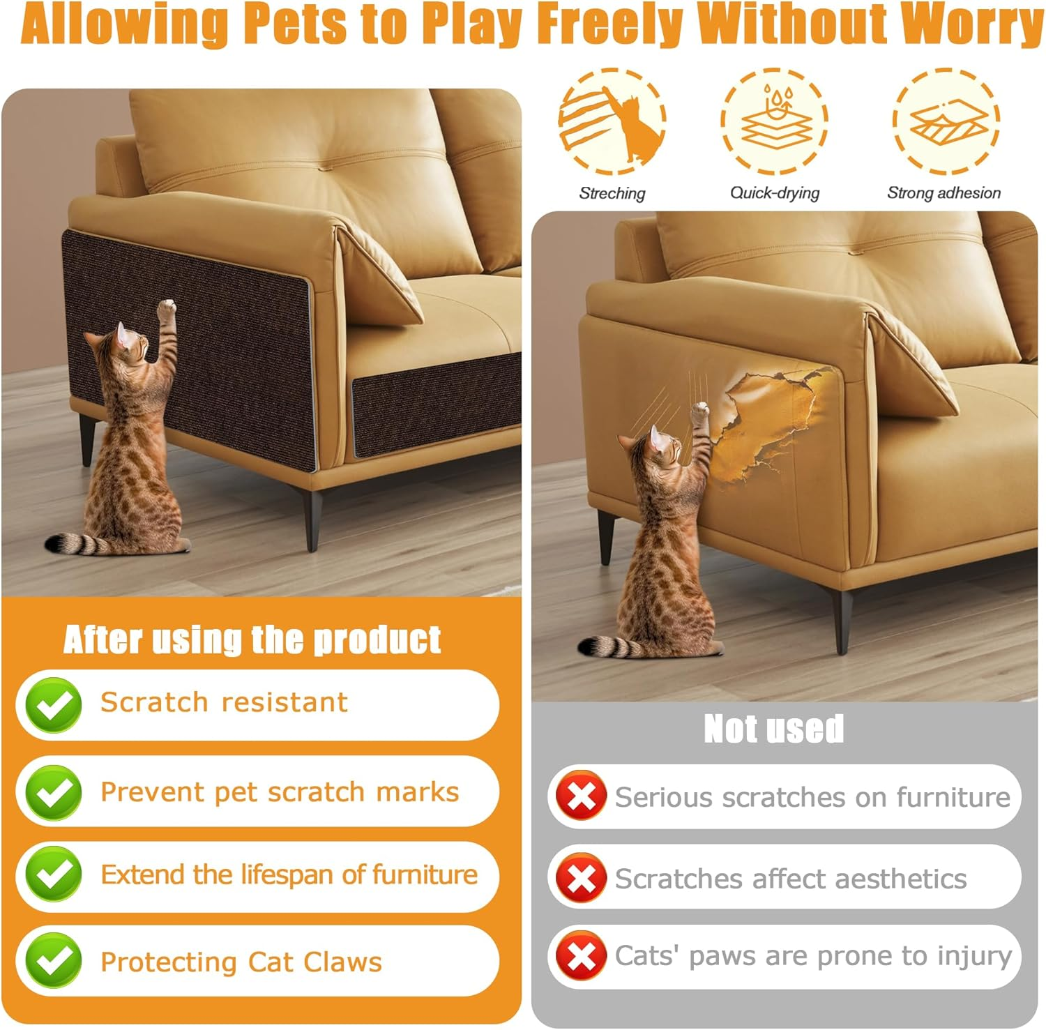 Cat Scratching Mat Self-Adhesive, Trimmable Furniture Protector for Couch, Sofa, Wall & Cat Trees - Durable Scratch Pad with Nano Tape, DIY Climbing Carpet for Indoor Cats (Brown, 23.6"X15.8") - Brown image number 3