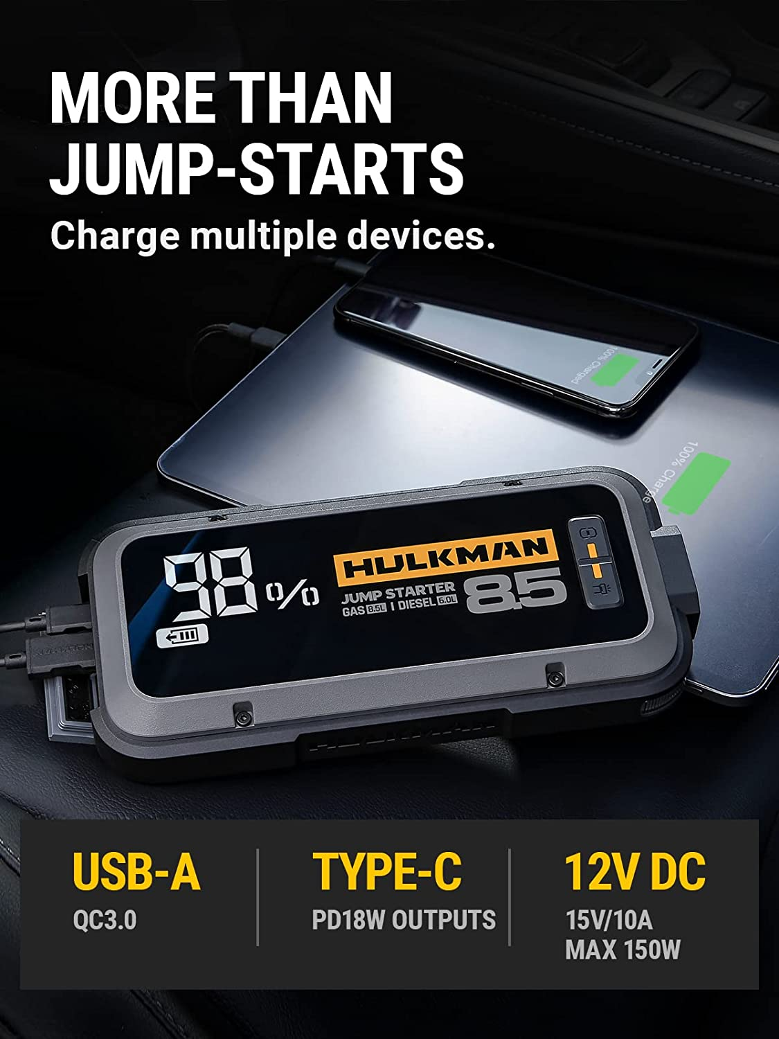 HULKMAN Alpha85 Smart Jump Starter 2000 Amp 20000Mah Car Starter for up to 8.5L Gas and 6L Diesel Engines with Boost Function for Totally Dead Battery 12V Lithium Portable Car Battery Booster Pack